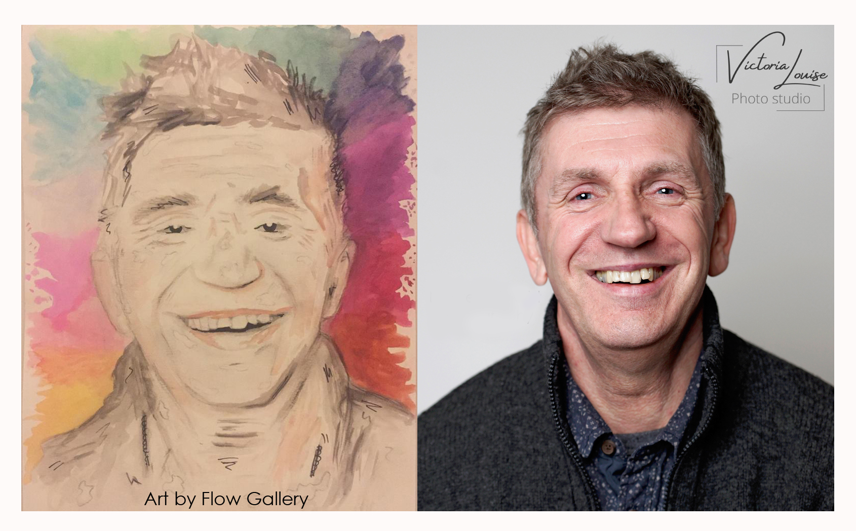 Side-by-side comparison of a watercolor portrait and a photograph of a smiling middle-aged man with light skin, short wavy hair, and blue eyes. The watercolor portrait features a colorful background with pink, purple, blue, green, and yellow hues, and the art is credited to Flow Gallery. The photograph has a plain light gray background with a watermark indicating 'Victoria Louise Photo Studio'.