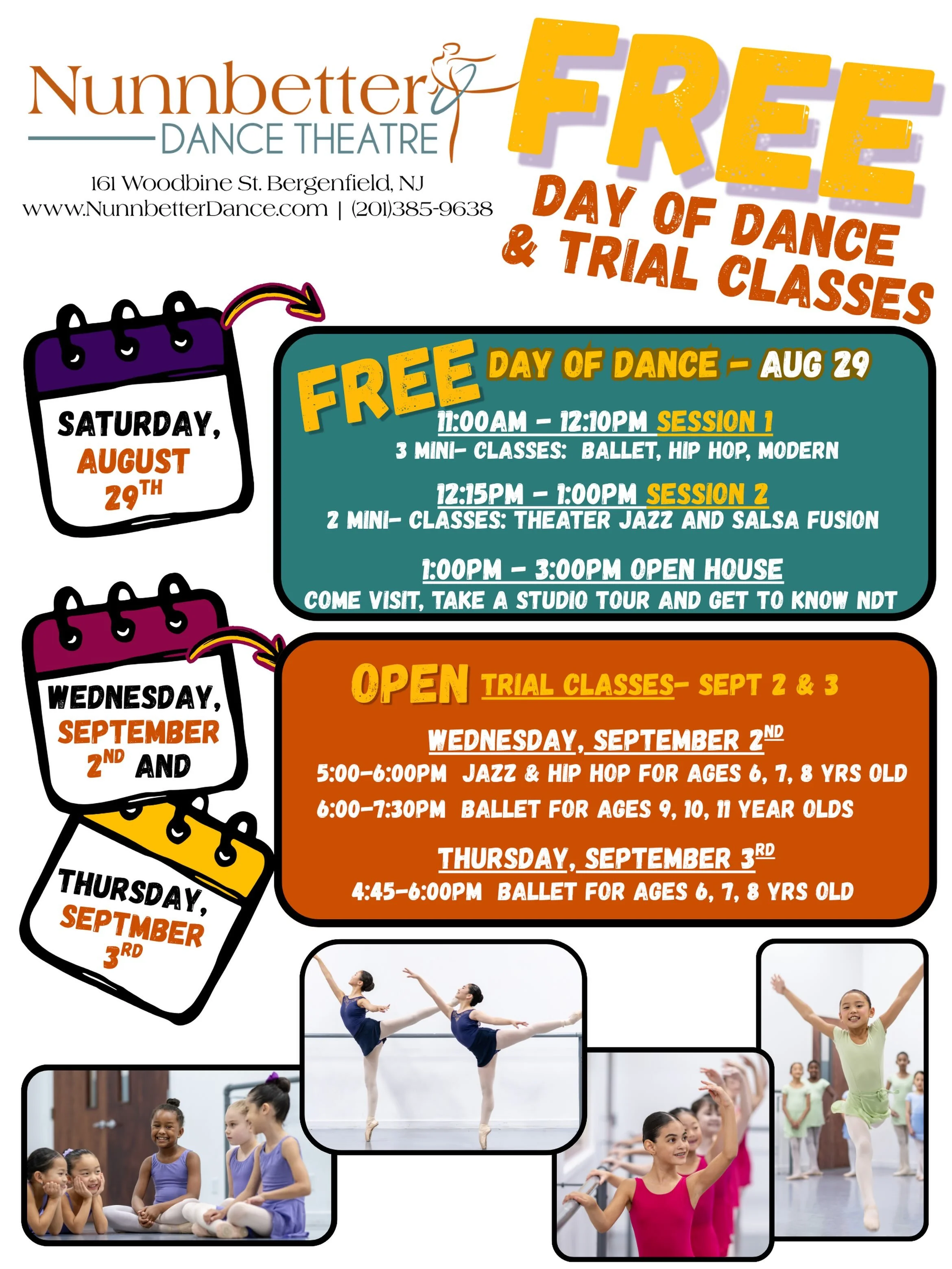 All are welcome!  Mark your calendars for FREE Day of Dance and Trial classes.  #nunnbetterdancetheatre #ballet #danceforall #danceclassesforkids