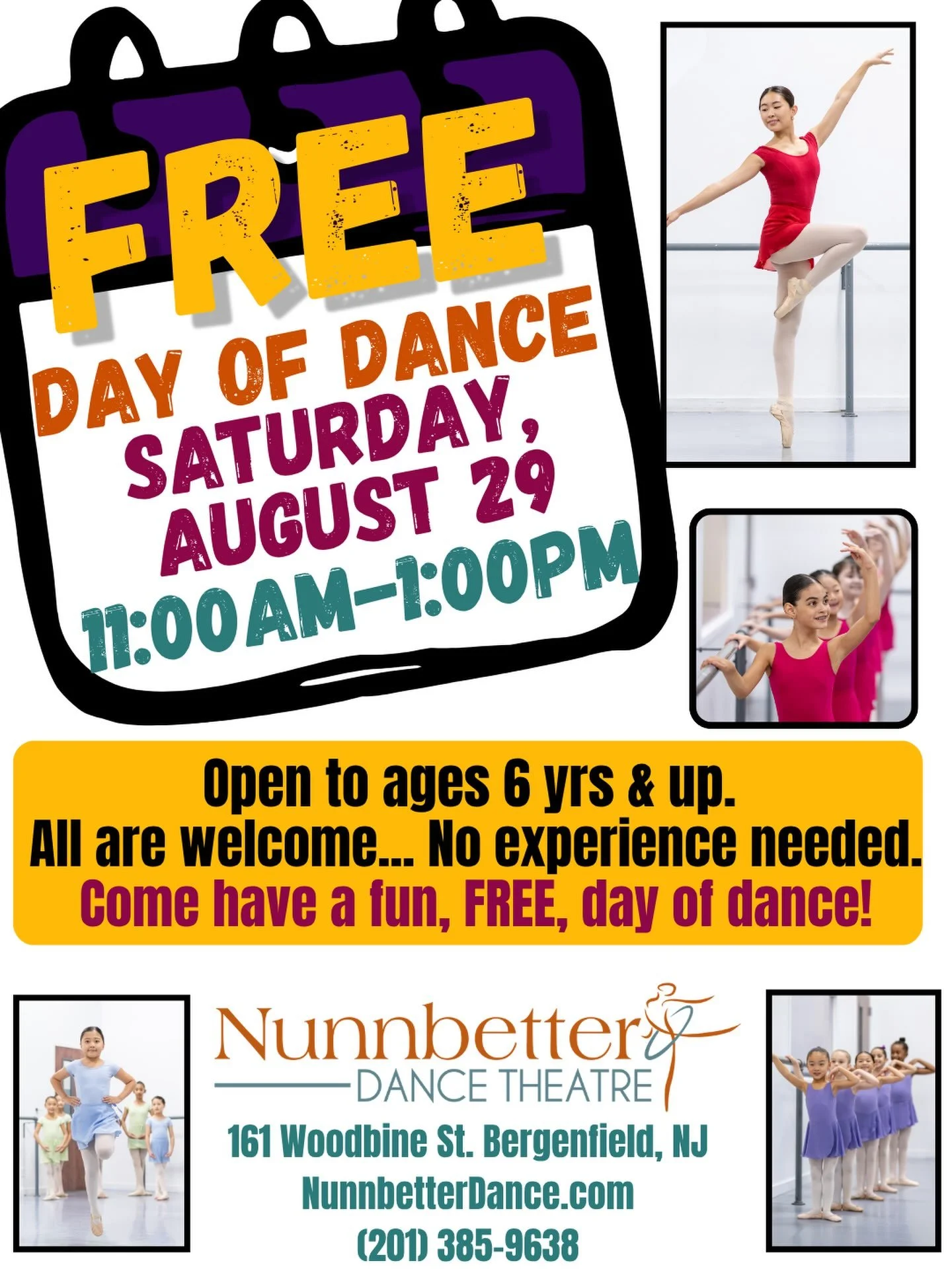 All are welcome!  Come join the fun!  Open to new students, current students and anyone in between.  #freedayofdance #nunnbetterdancetheatre #freeforkids
