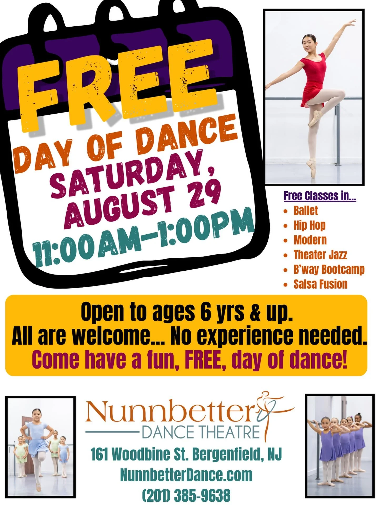 Come one, come all! Open to New and returning students. Join our.FREE day of dance on Saturday, August 29. Enjoy classes, giveaways, studio tours, and of course, fun!