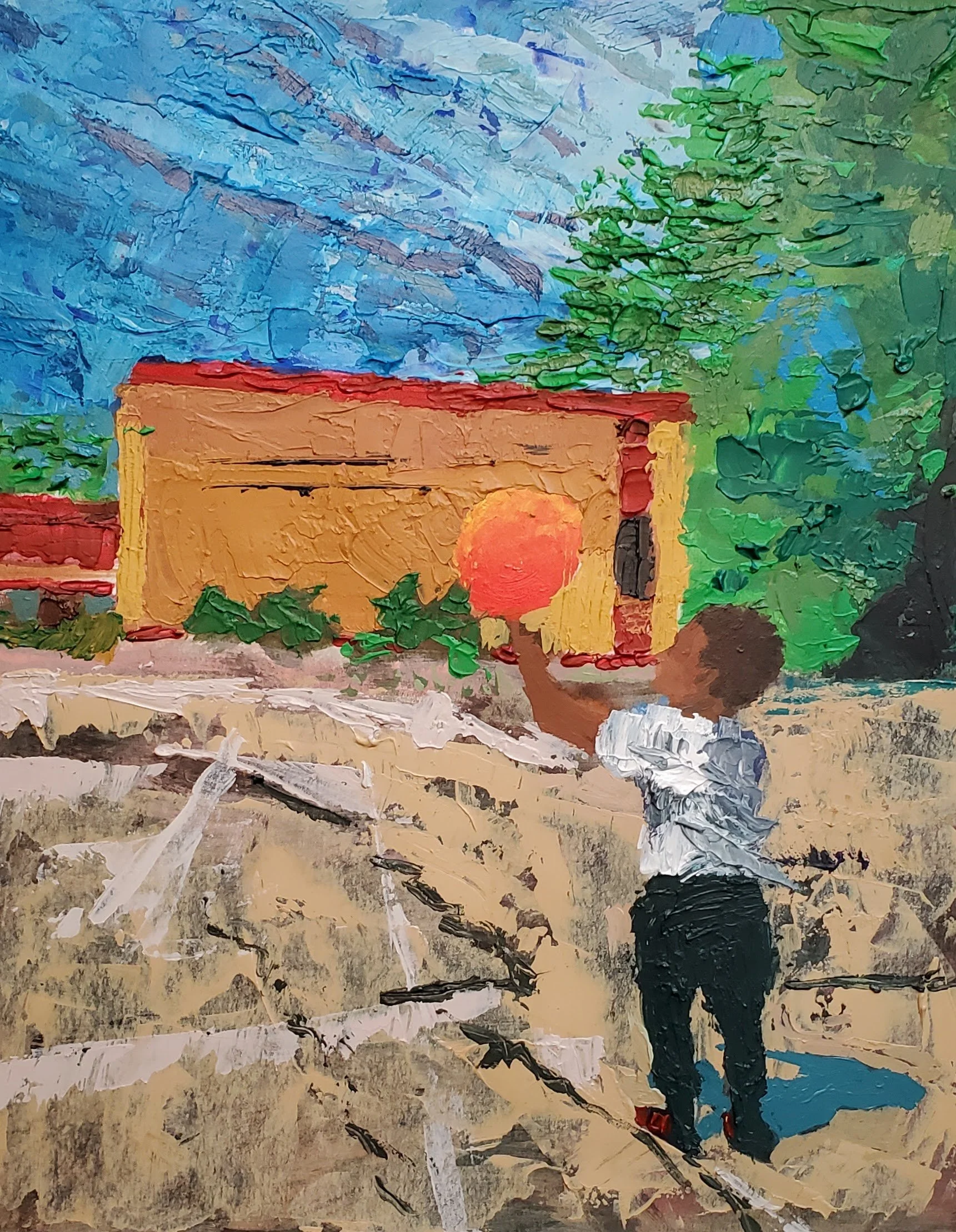 SOLD a young boy in full sunlight stands in a parking lot balancing a ball on his finger, 8"x10" acrylic on card stock
