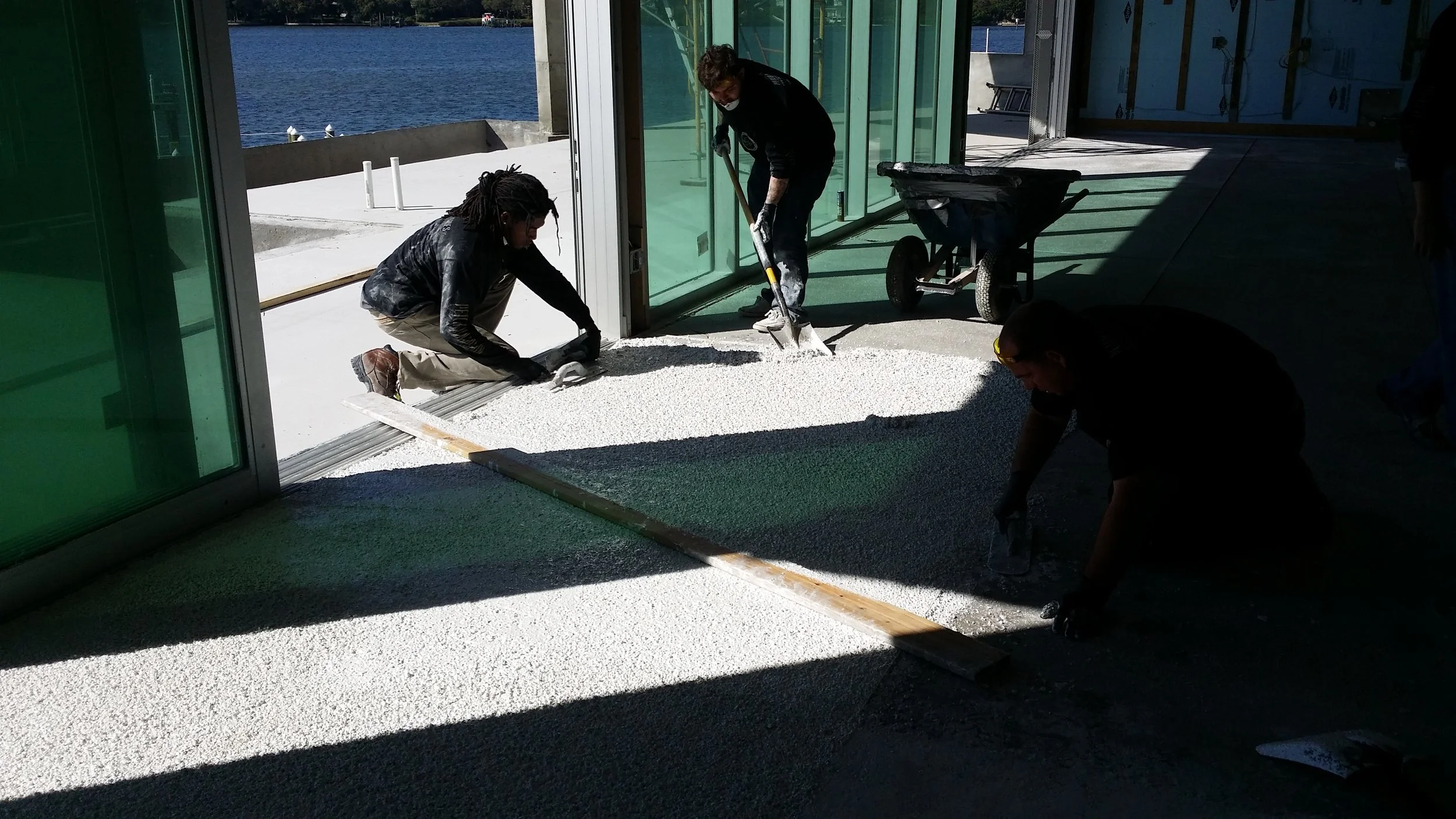 Pour Terrazzo mix custom blend of Turquoise, Mirror, Clear, and China White Stones 