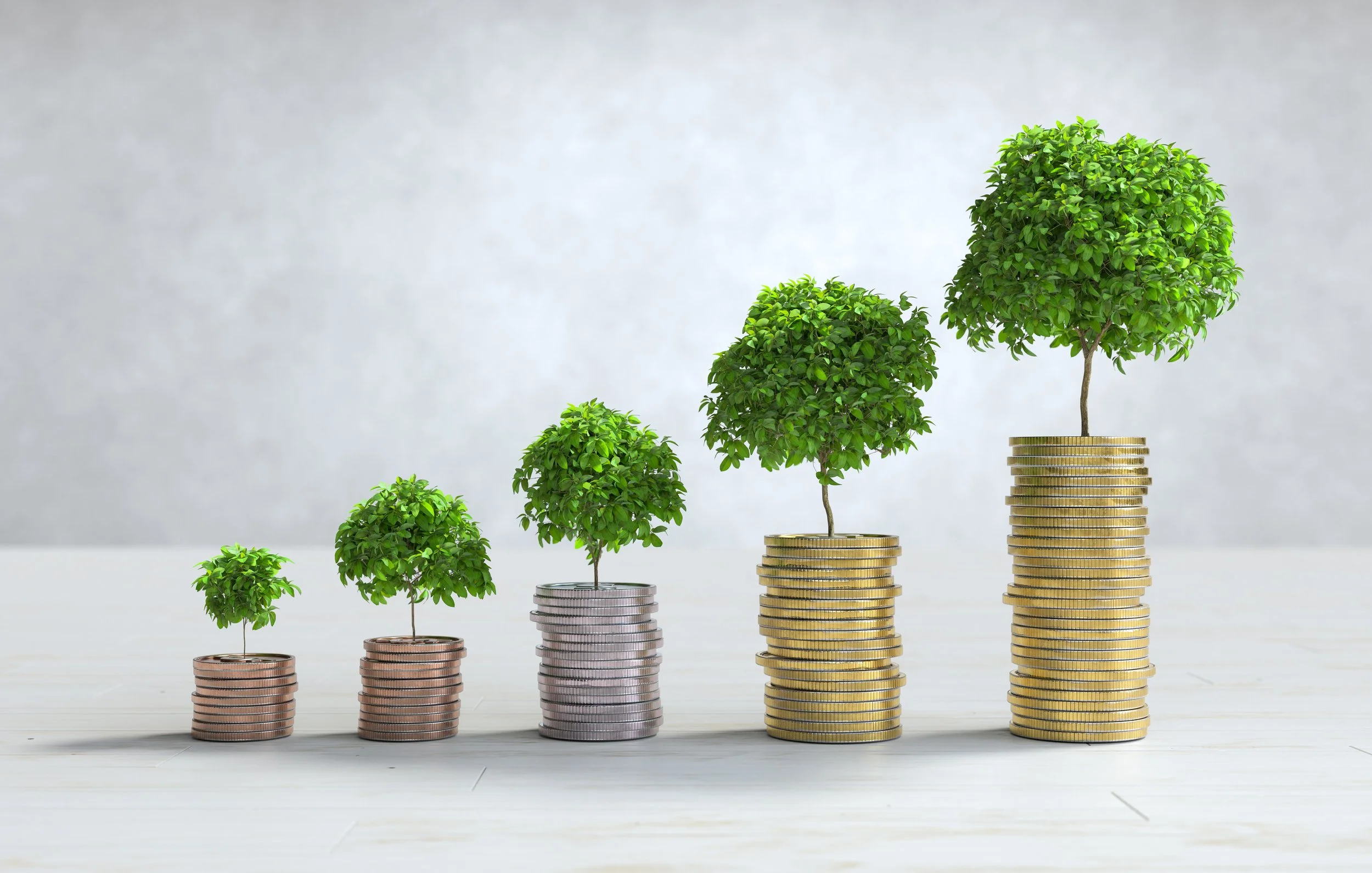Stacked coins growing to the right with larger and larger trees on top of each stack of coins