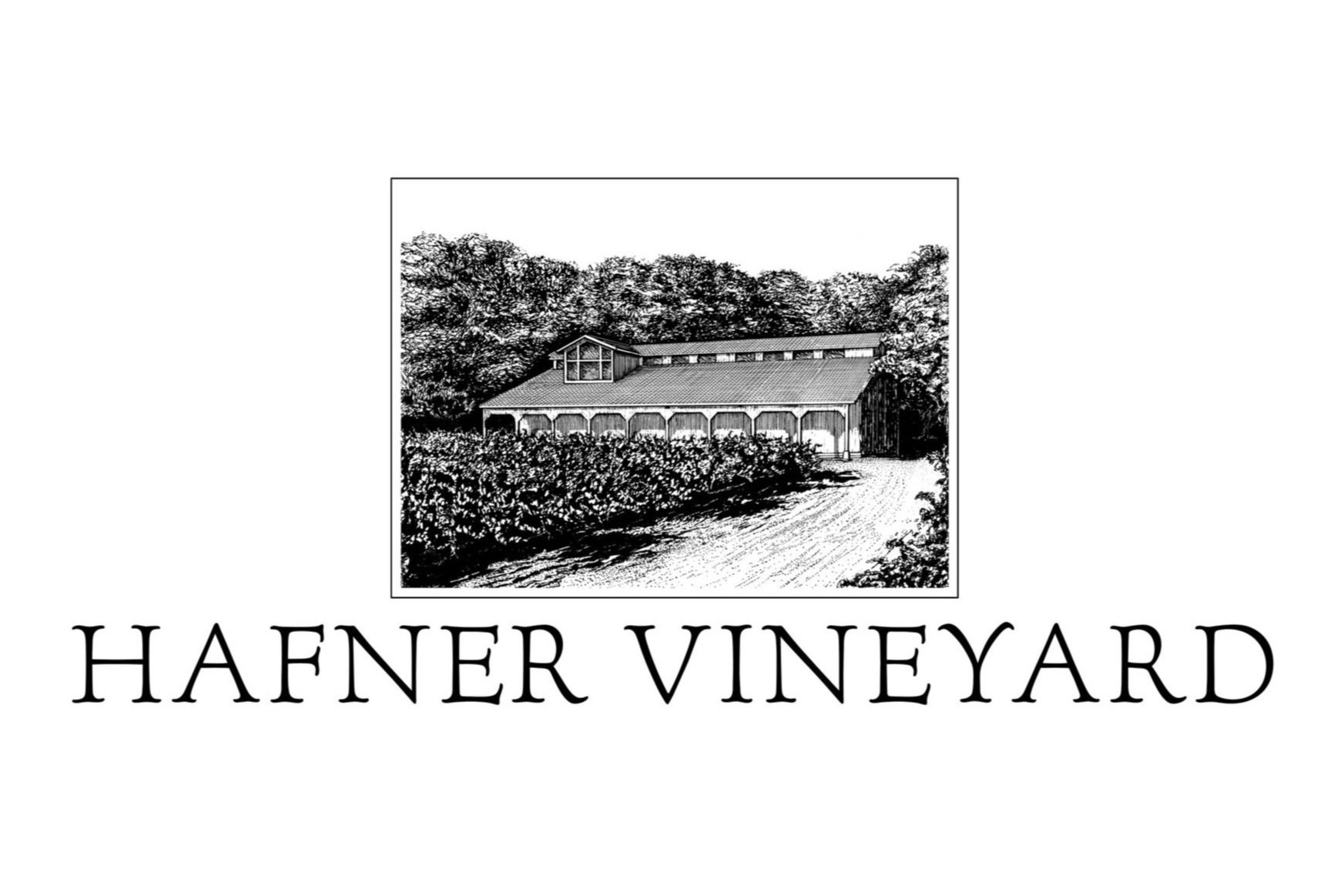 Black and white illustration of a vineyard with a building and trees in the background, accompanied by the text 'HAFNER VINEYARD'.