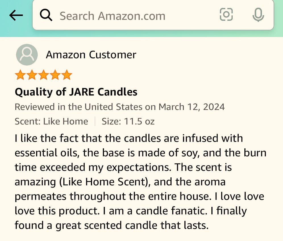 Thank you to the @jare_candles community for letting us know what you think.  Another great Amazon review!