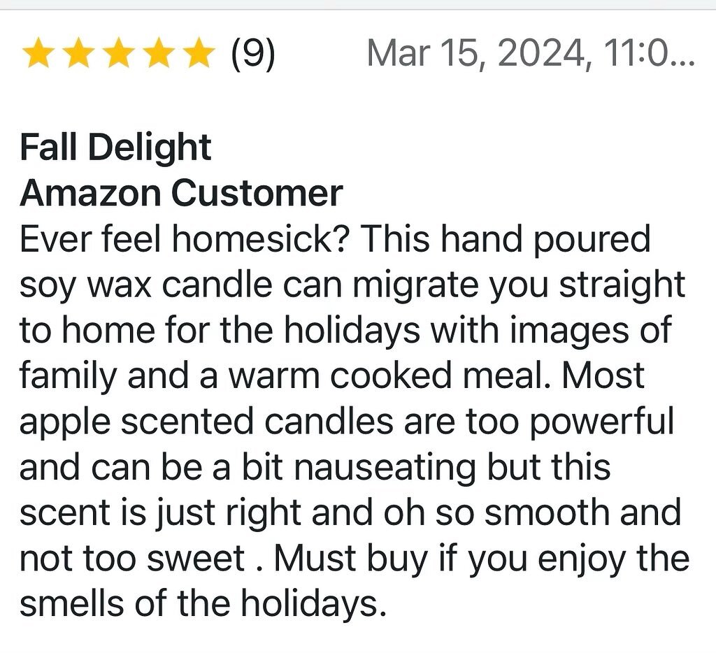 The reviews keep coming for the @jare_candles Amazon store. This time it is for Apple Cider Spice that was given as a gift . https://a.co/d/3oOEcqp  THANK YOU! Get your Jare Candle today.