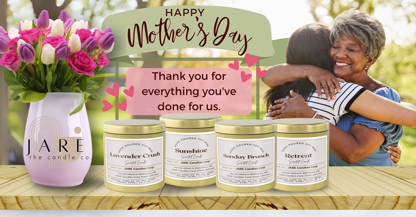 🕯️ Celebrate Mother&rsquo;s Day with JARE Candles! Gift the special women in your life with our eco-friendly, 100% soy candles. Make her day glow! 💐 Go to our link at bio.site/jarecandles to place your order #MothersDay #JARECandles