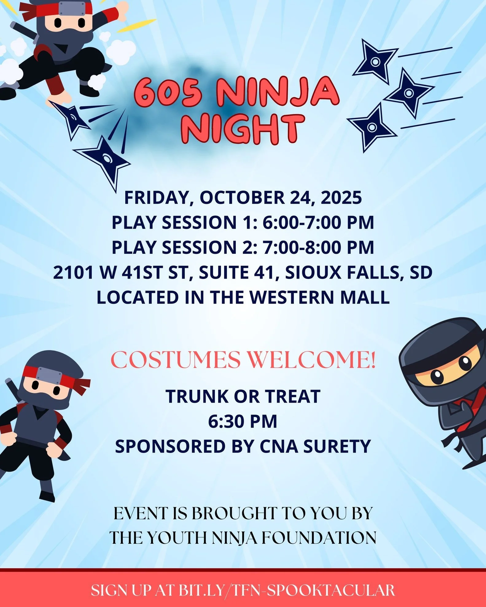 ๐๐งก You're invited to a FREE night of fall fun!
Join us for The Foster Network’s Spooktacular at 605 Ninja, featuring obstacle course fun, costumes, and candy for the whole family!
๐ Friday, October 24, 2025
๐605 Ninja – 2101 W 41st
