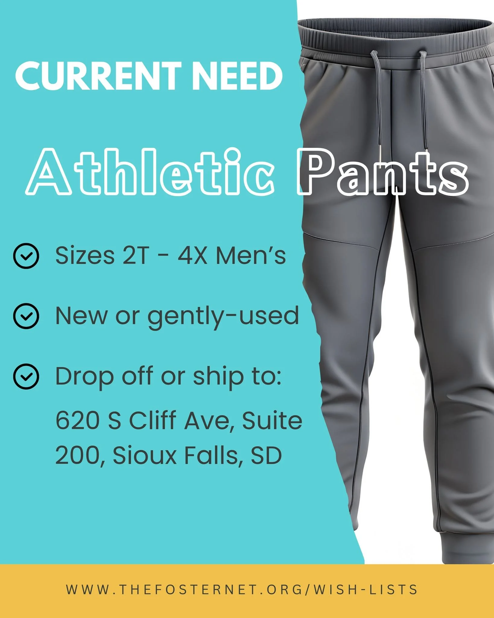 ๐ Current Need: Athletic Pants ๐
Right now, we’re in need of new or like-new athletic pants in a wide range of sizes: from toddler boy's 2T through adult men’s 4X. This is one of our most requested items at The Closet. 
๐๏ธ Sizes 2T B
