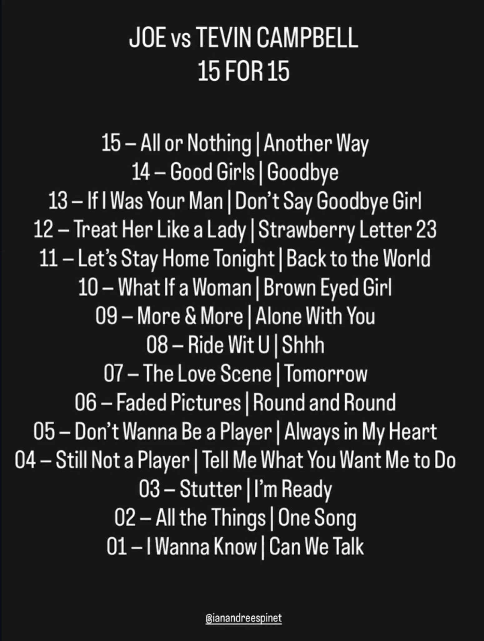 Unsequenced and off the top of my head, my bredrin Tevin would have been a better matchup for Joe. And he can sang too. 

Great night for the culture and great job by Joe &amp; Donell, two of my favs&hellip; 

Pity my fav male vocalist of all time is