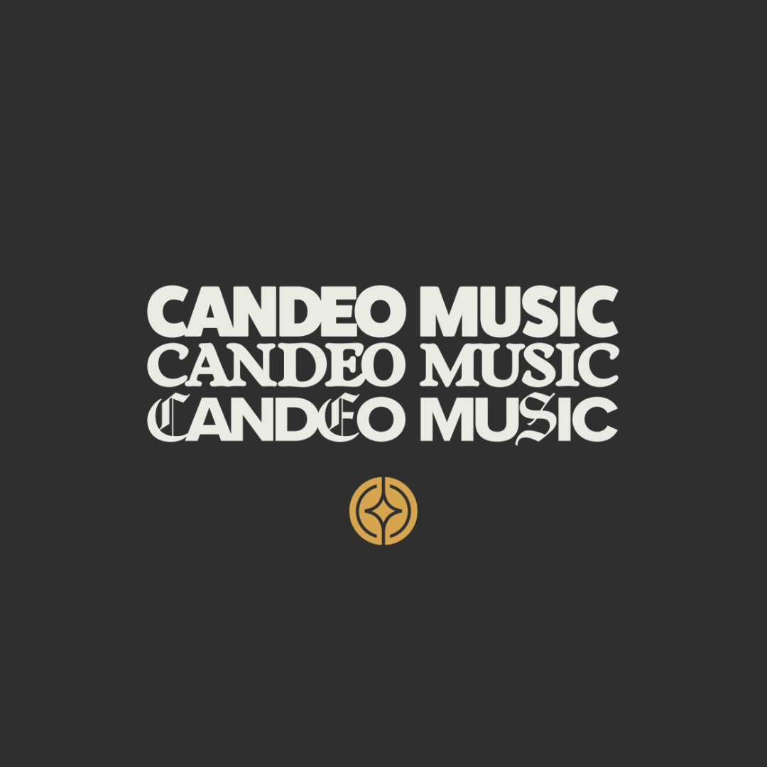 Graphic design with the text 'CANDEO MUSIC' written three times in bold, stylized fonts against a dark background, with a small gold emblem below the text.