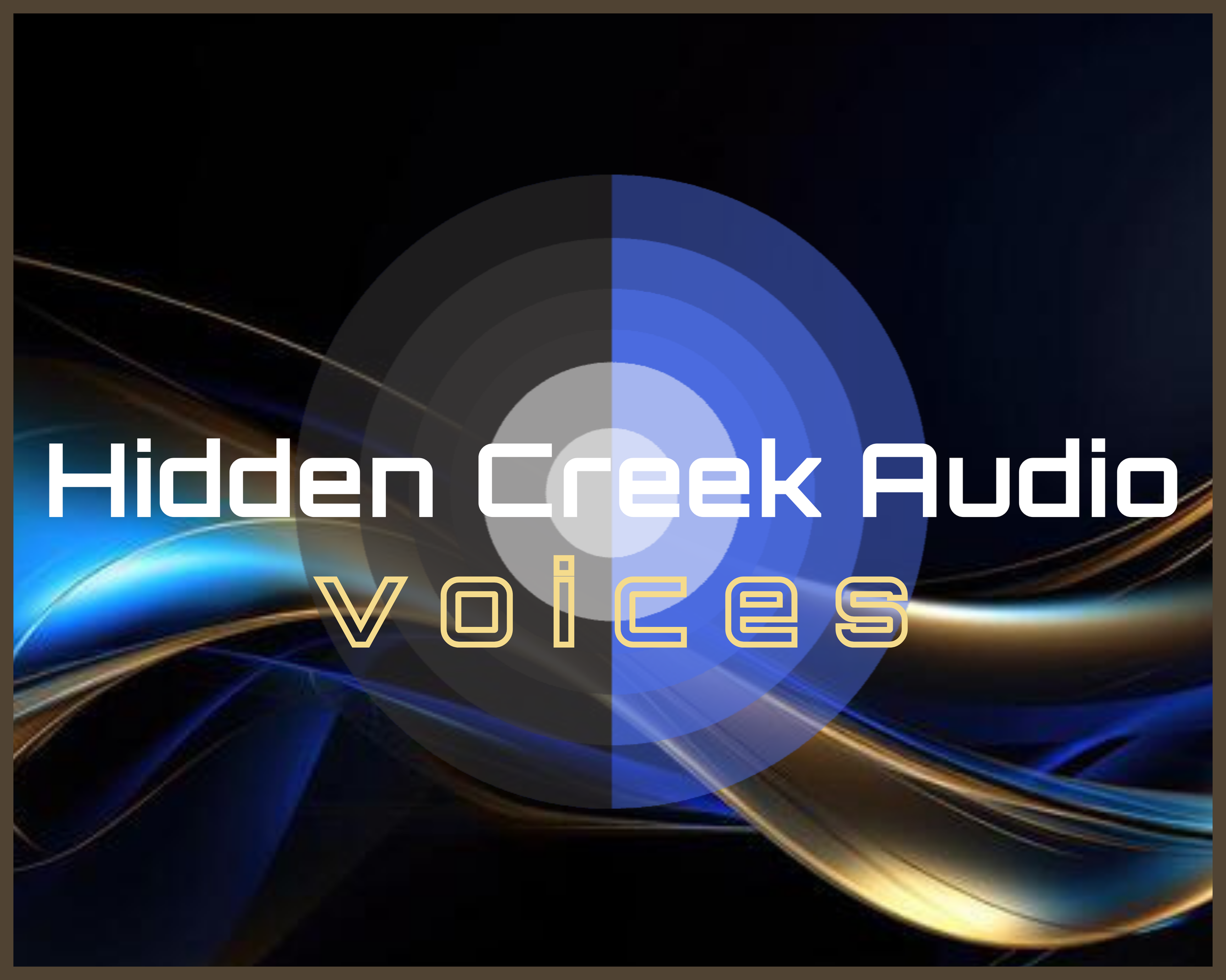 Logo for Hidden Creek Audio Voices featuring a dark background with blue and gold swirling lines, and a central circular graphic with layered shades of blue and gray.