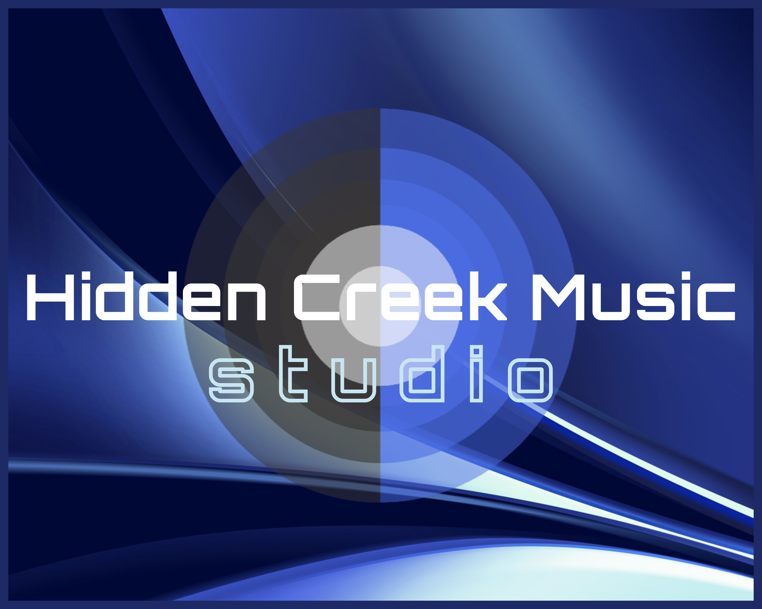 Design for Hidden Creek Music Studio with a circular speaker graphic and blue abstract background.