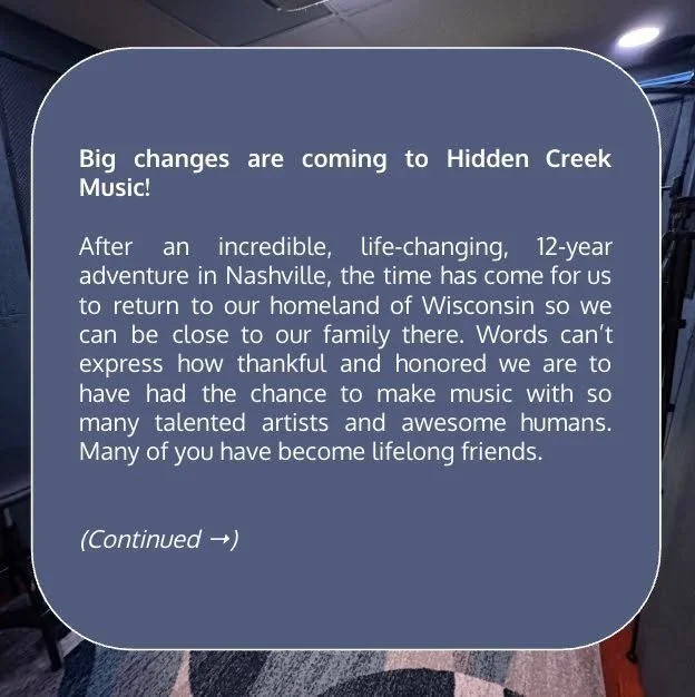 #hiddencreekmusic #musicproducer #musicproduction #musicstudio #recordingstudio #recordingstudio #bellevuetn #nashville #nashvilletn #nashvillemusic #nashvilletennessee #nashvillesmallbusiness #musicartist #musicartists #singersongwriter #singersongw