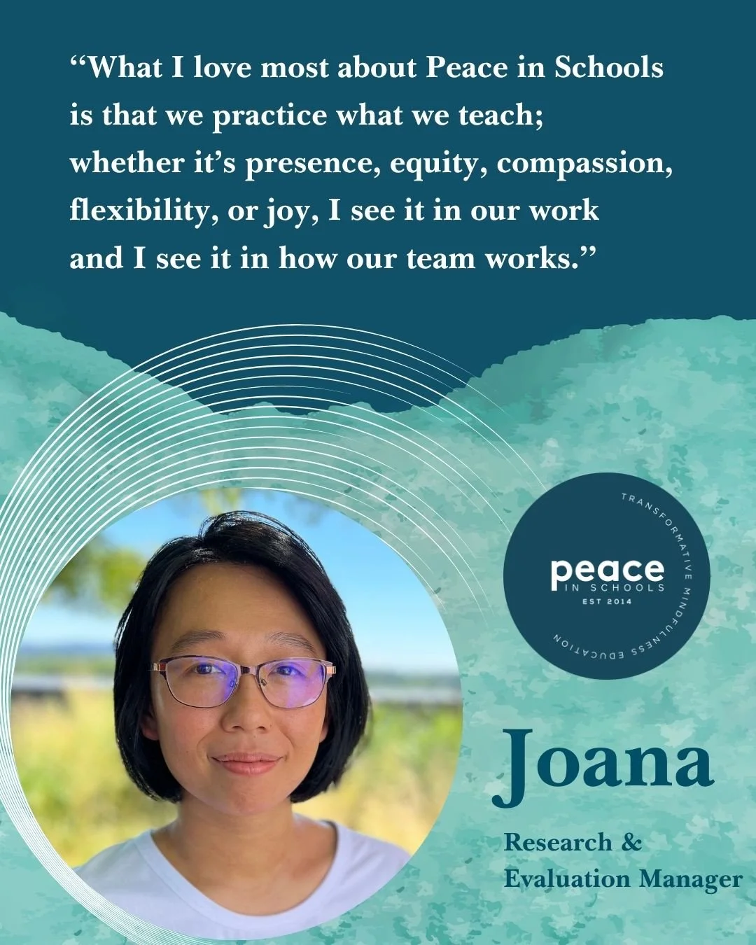 It's been a minute since we've shared about the people behind the Peace in Schools magic, so we're sharing this sweet message from Joana!⁠
⁠
Before Joana was the Research and Evaluation Manager she was a Mindful Studies teacher; she also has a PhD in