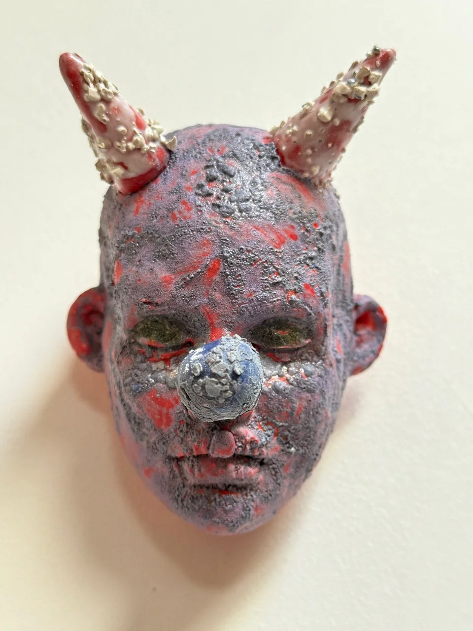 "Devil Boy" Wall Head 4”wx4.5”hx3”d . Clay, Glaze