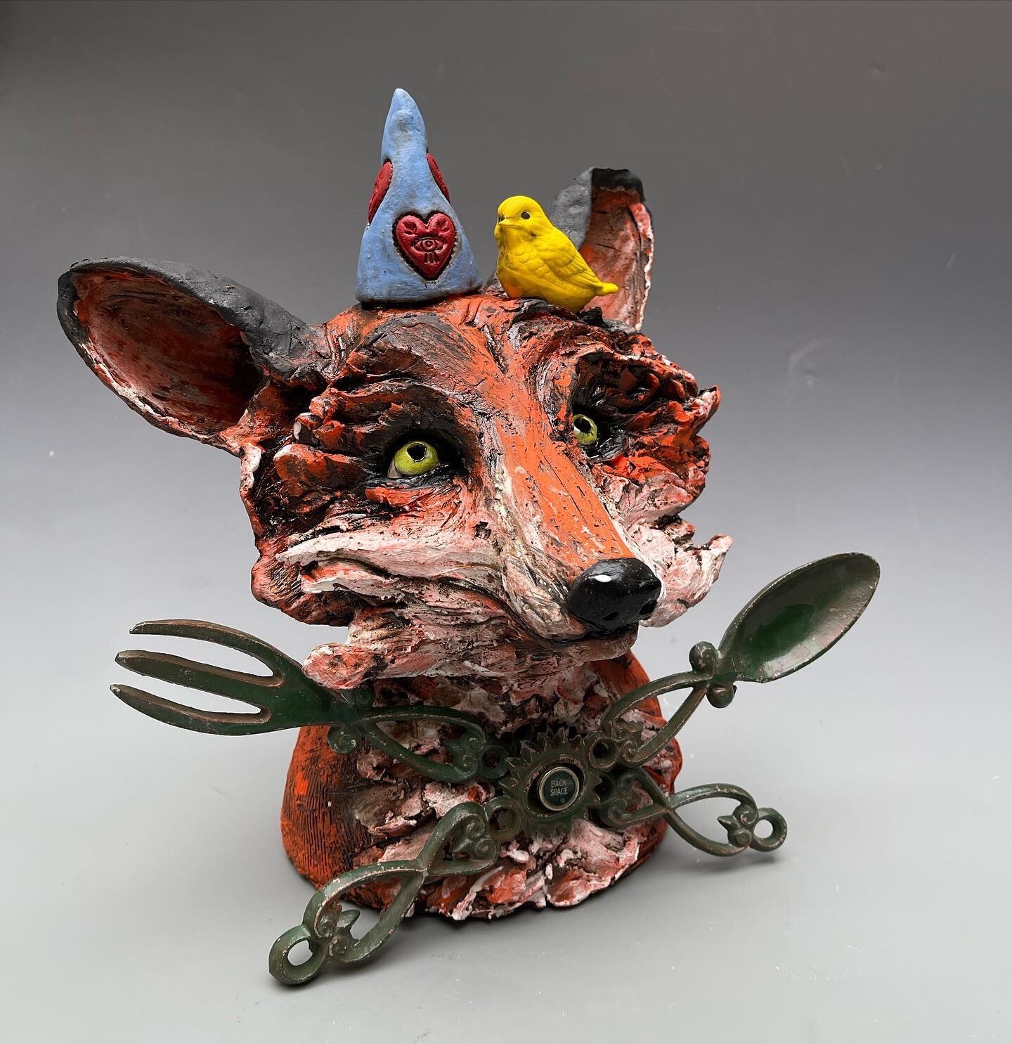 &ldquo;Fox Fun&rdquo; mixed media 17&rdquo;hx18&rdquo;wx11&rdquo;d #nicolemerkenssculpture #fox #artforsale #ceramicart