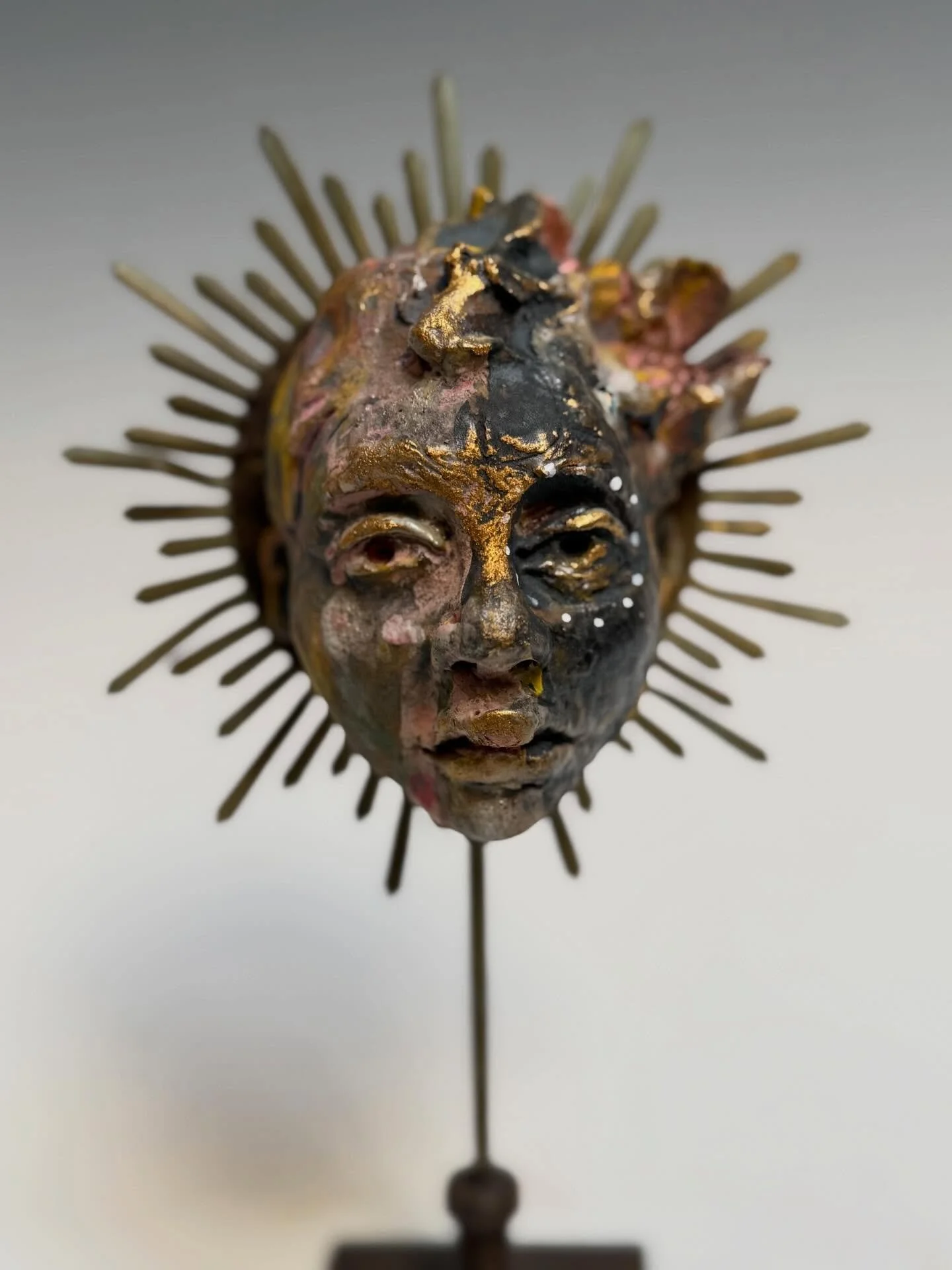 &ldquo;Portable Saint&rdquo; - Clay, metal, glazes. 9&rdquo;hx6&rdquo;wx3&rdquo;d. Deeply held by divine guidance and quiet helpers today. #spirit #nicolemerkenssculpture #saint #angelhelp