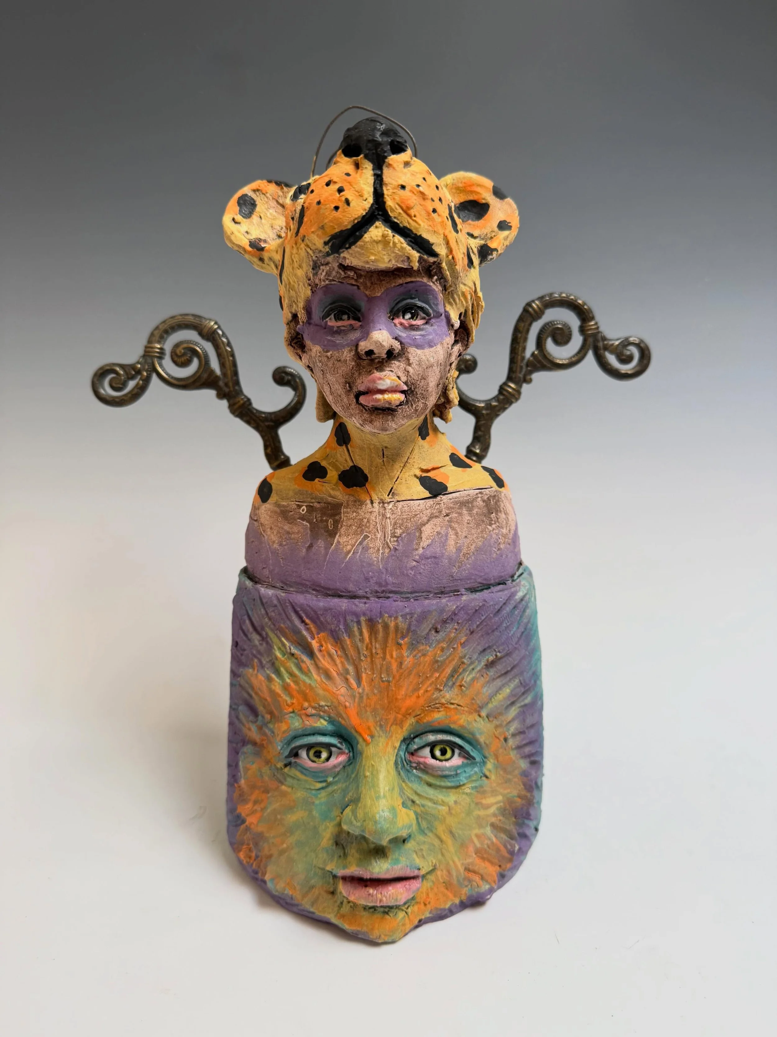 &ldquo;Jaguar Girl&rdquo;- Clay and found objects 12&rdquo;hx6&rdquo;wx6&rdquo;d . #nicolemerkenssculpture #clay #santafeartist