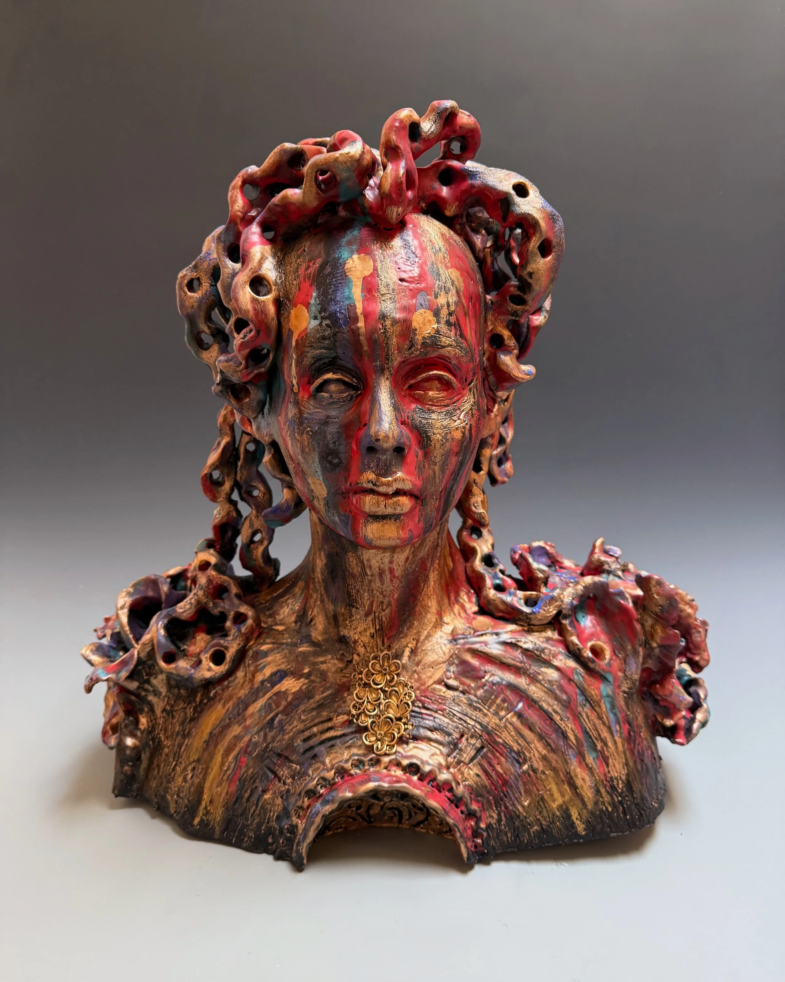 "The Pleiadian" 20"hx20"wx12"d clay, found objects, gold leaf, glazes. In ufology and New Age belief systems, Pleiadians are a purported humanoid extraterrestrial race originating from the Pleiades star cluster. They are wide