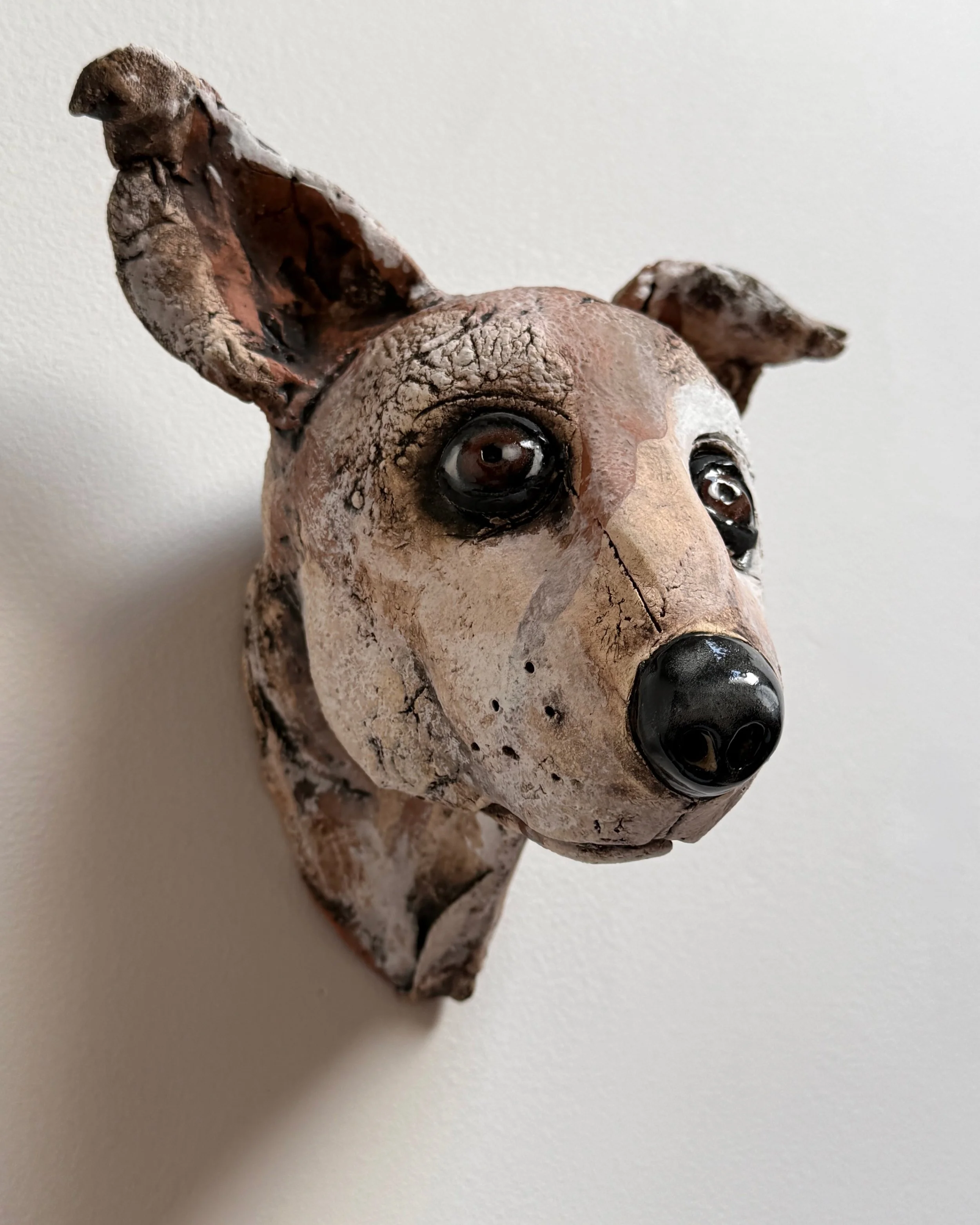 "Good Boy " Wall Head 7"hx7"wx5"d #Claydog #nicolemerkenssculpture #eldoradostudiotour