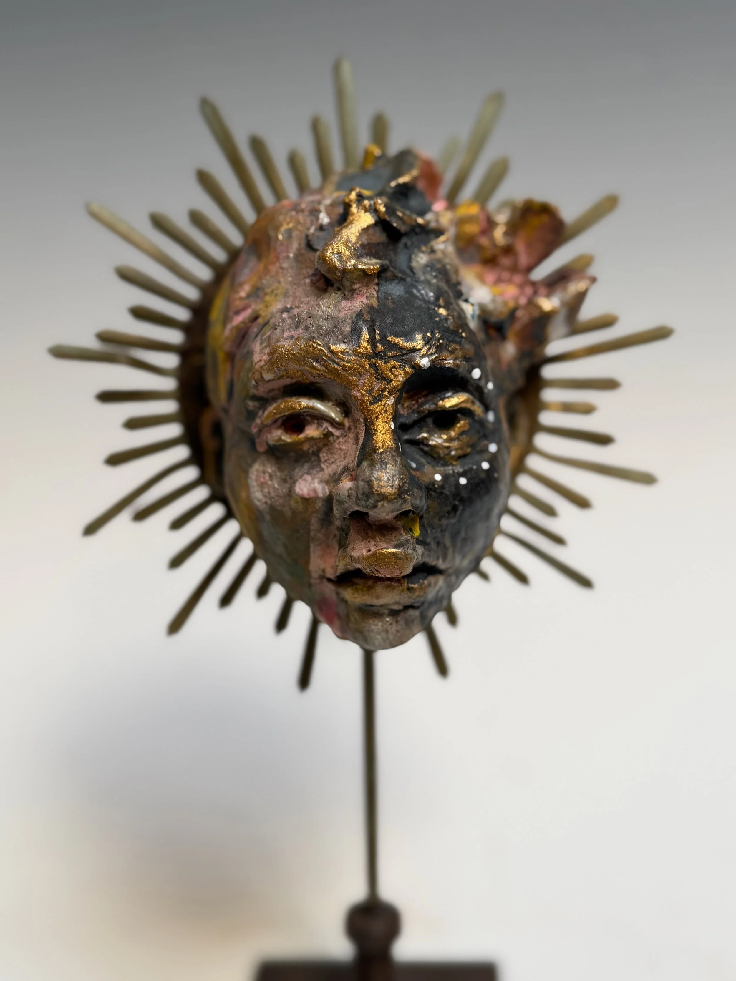 “Portable Saint” - Clay, metal, glazes. 9”hx6”wx3”d.