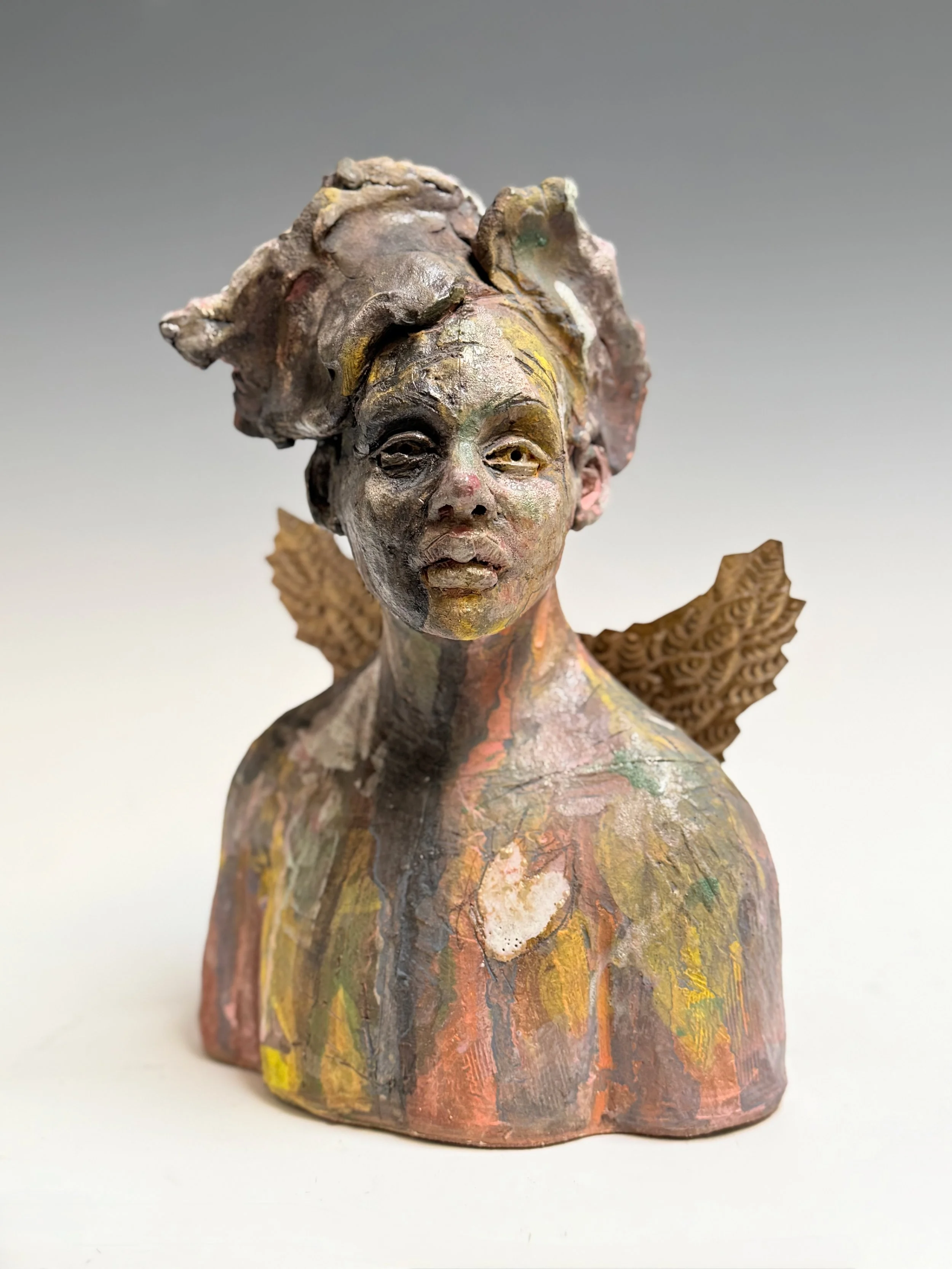 "The Messenger" Clay, glazes,metal. 10”hx7”wx4.5”d