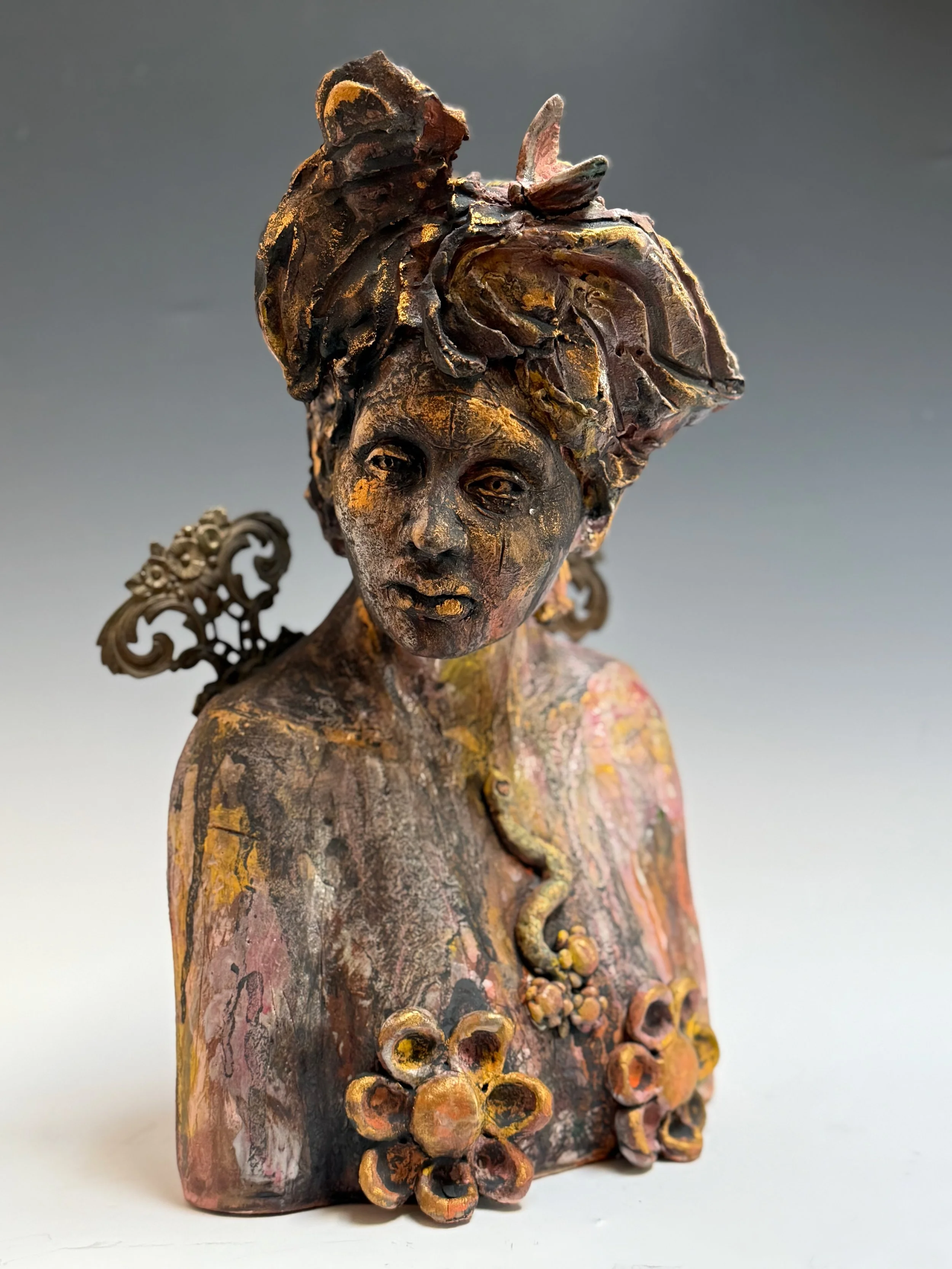 “She Grew Wings When She Needed Them” Clay and metal. 15”hx9”w”7”d. 