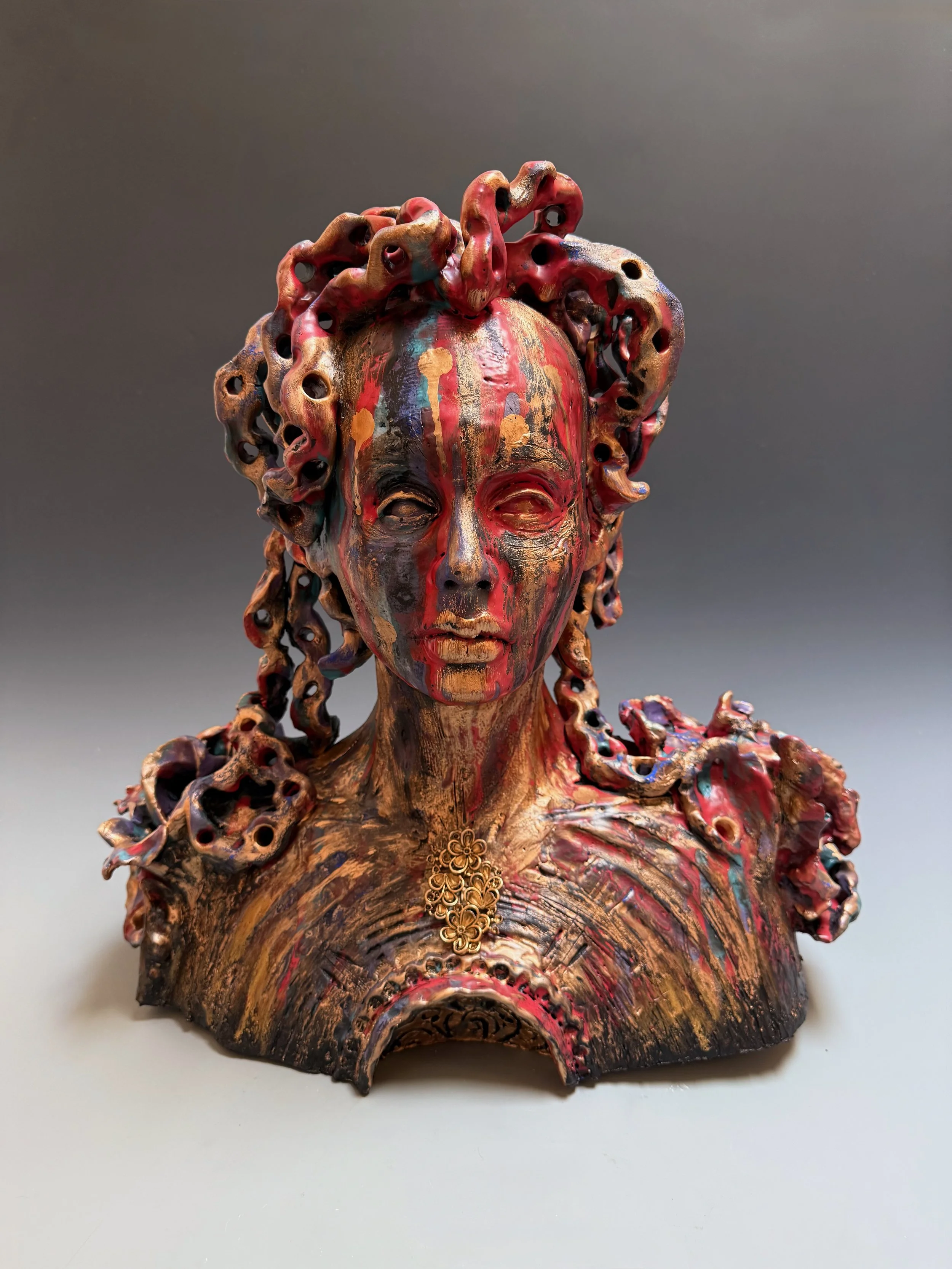 "The Pleiadian" 20"hx20"wx12"d clay, found objects, gold leaf, glazes