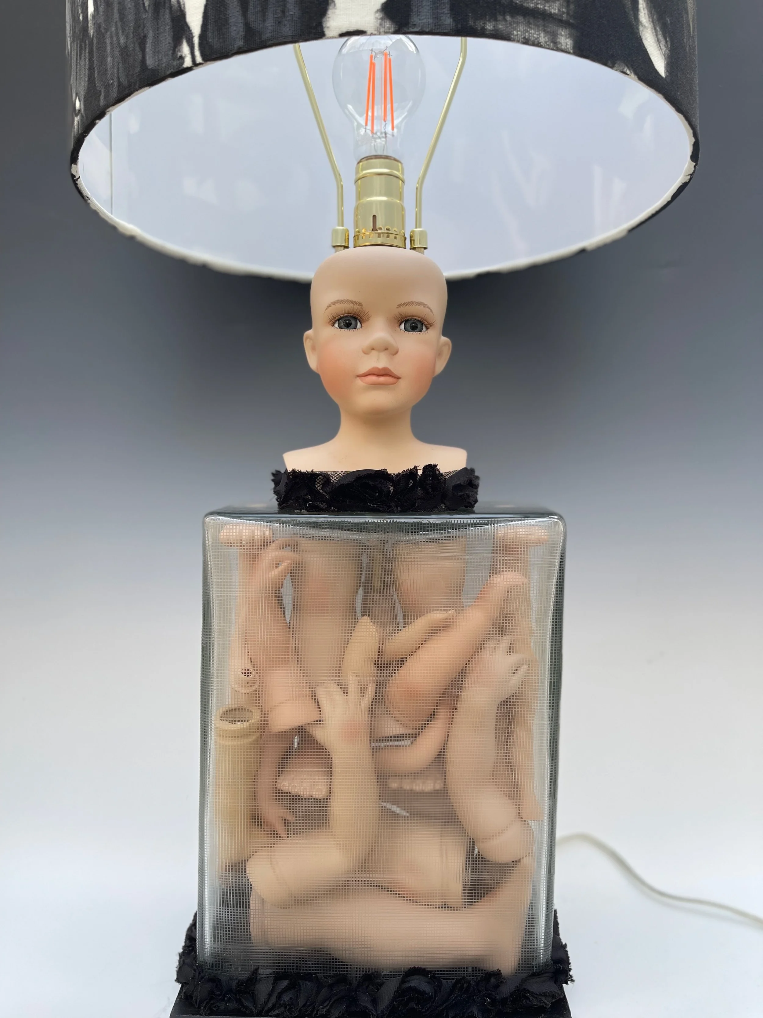 "Doll Lamp". 32” high to top of baby finial. 10”w x 6”d. Lampshade is 14.5” diameter