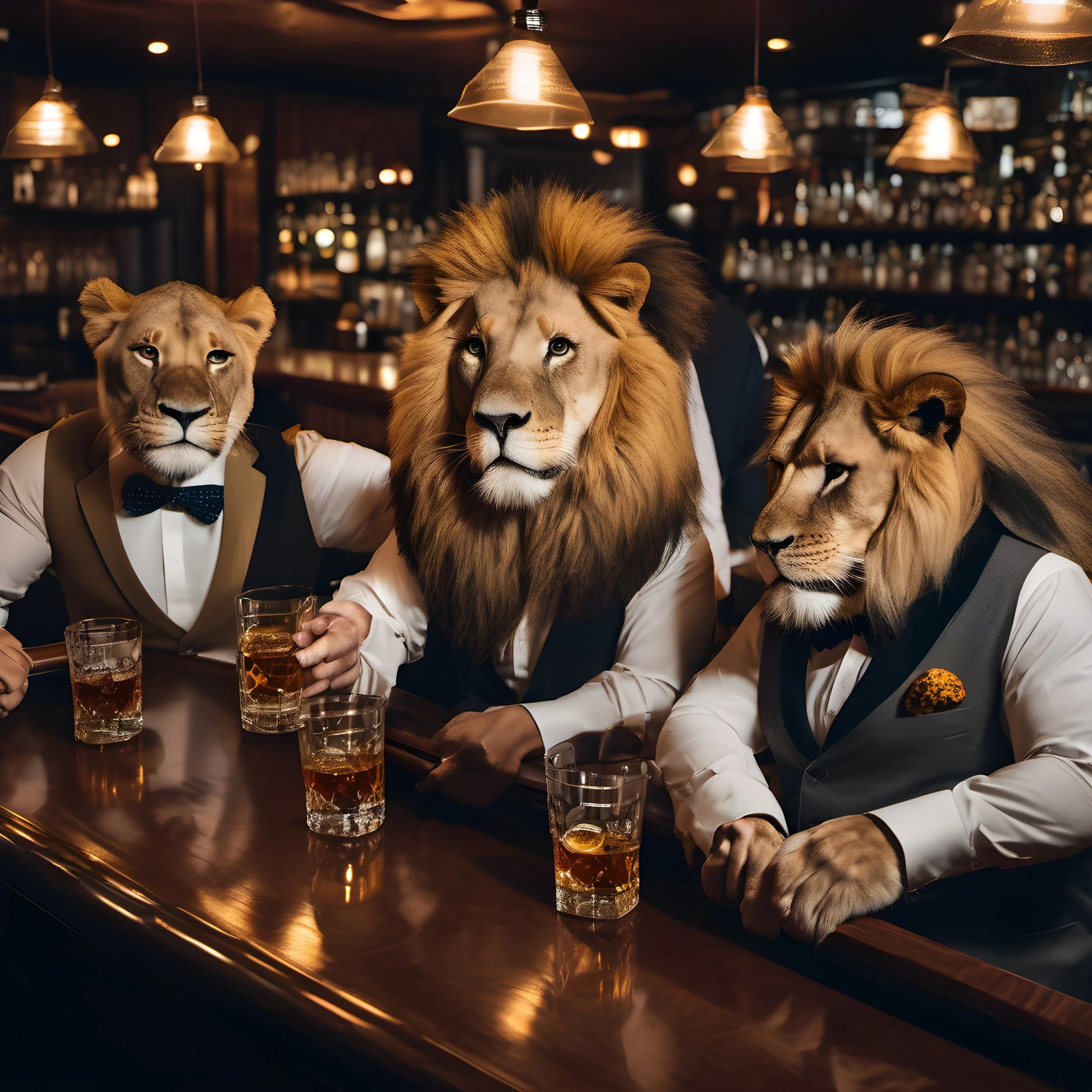 Three animals with lion, cougar, and lioness faces dressed in suits sitting at a bar, holding glasses of whiskey in a warm, dimly lit setting.