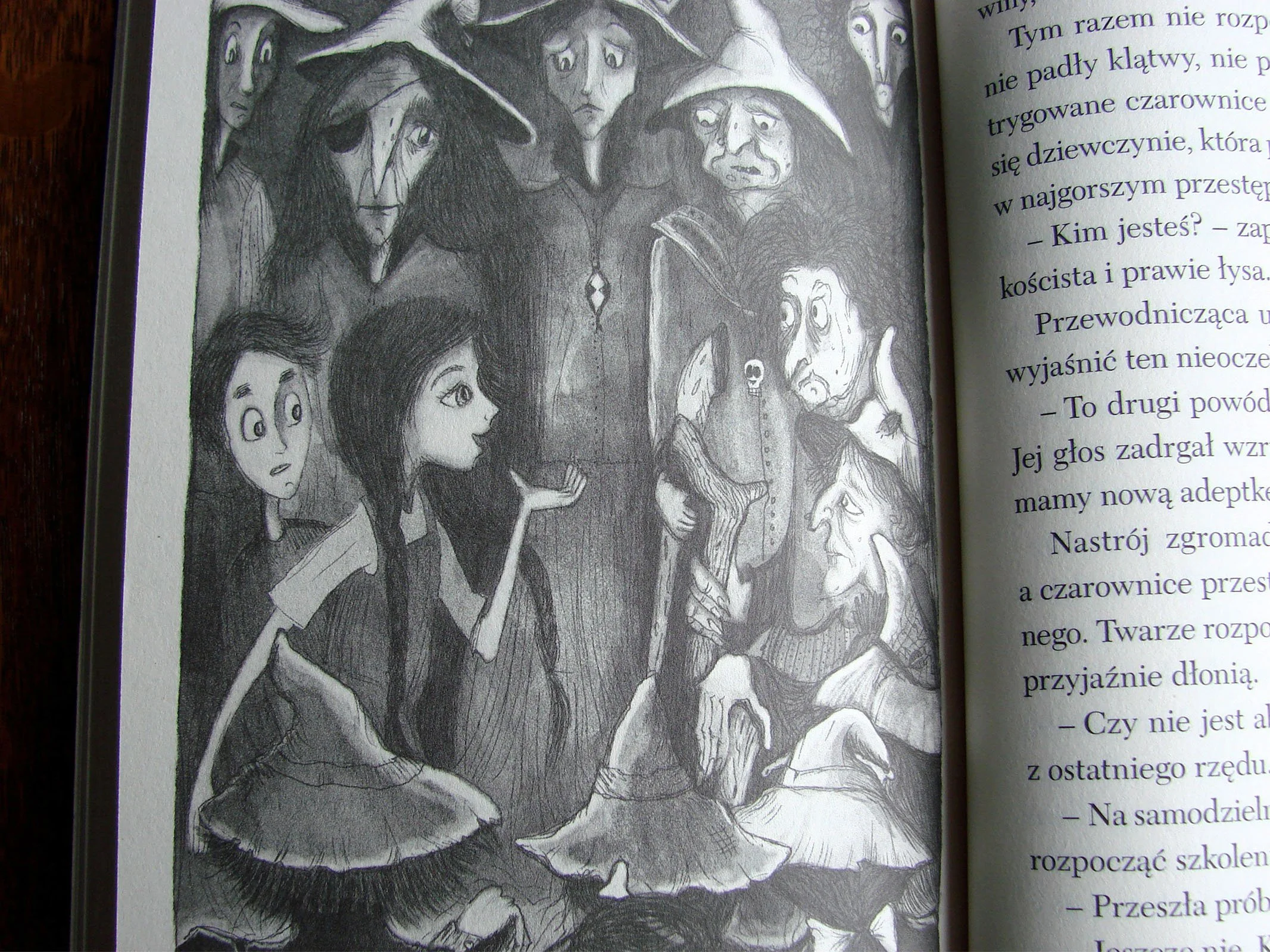 Black and white illustration of various characters, including a woman with long hair, a young boy, and several older, witch-like figures wearing hats with expressive faces. The setting appears to be magical or fantasy-themed. Text is partially visible on the right side.