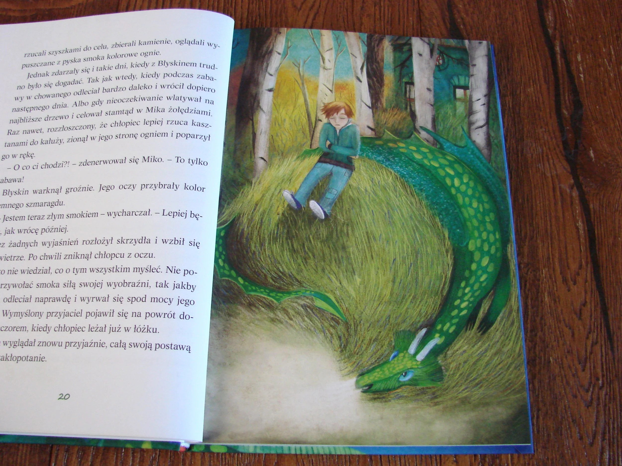 Illustrated page from a storybook showing a boy sitting on a large, coiled green dragon in a forest. Text is visible on the left page, with birch trees and green grass in the background.