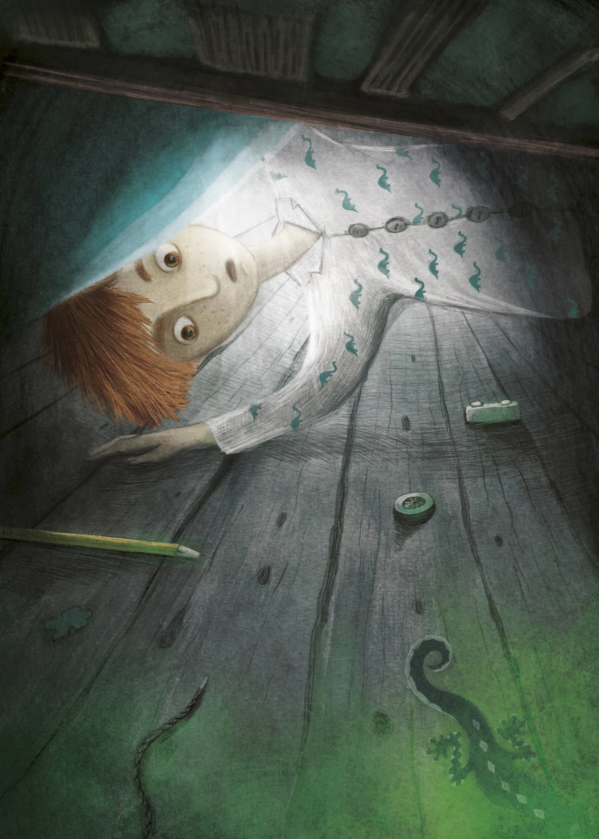Illustration of a boy looking through a gap in wooden floorboards, with objects like a pencil and a small item scattered below, and a lizard emerging from green mist.