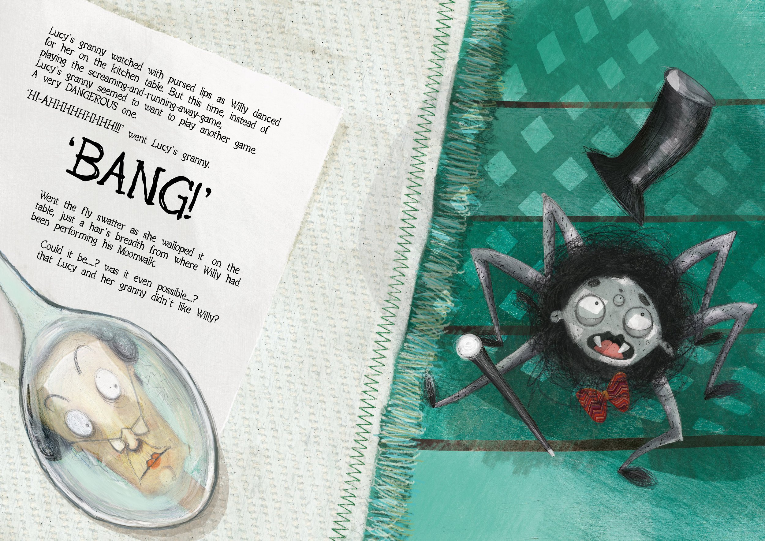 Illustrated scene from a children's storybook showing a quirky spider with a red bow tie and nervous expression on a table. A black hat is in the air as if falling. Next to the spider, a piece of paper with text humorously describes an attempted swat with an exclamation of 'BANG!' Reflective image of a shocked grandmother in a spoon. Background features a textured green and cream tablecloth.