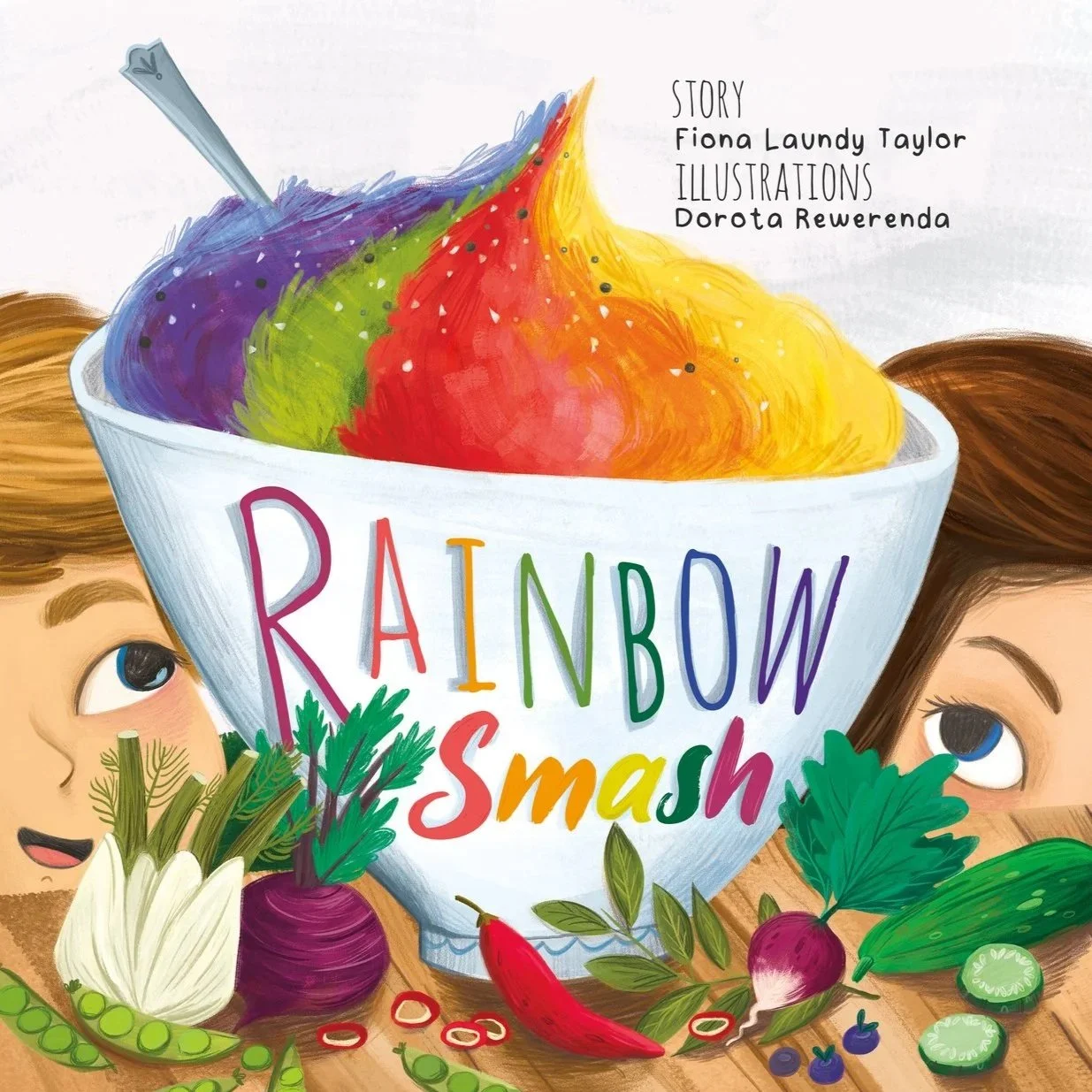 Book cover design for a picture book Rainbow Smash written by Fiona Laundy Taylor and illustrated by Dorota Rewerenda