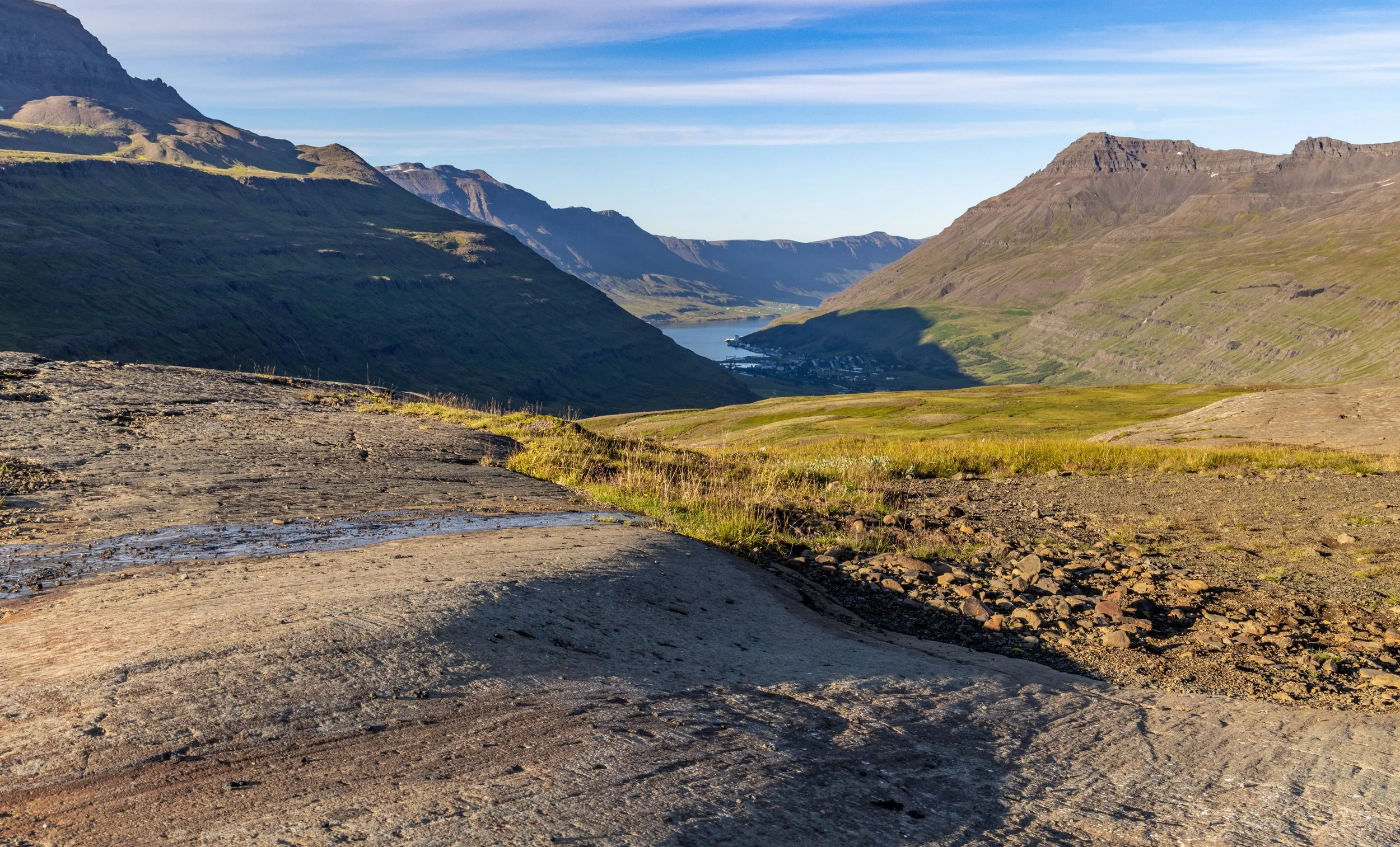 Glaciers cut striations on this basalt flow at the mountain pass above Seydisfjordur, east Iceland.