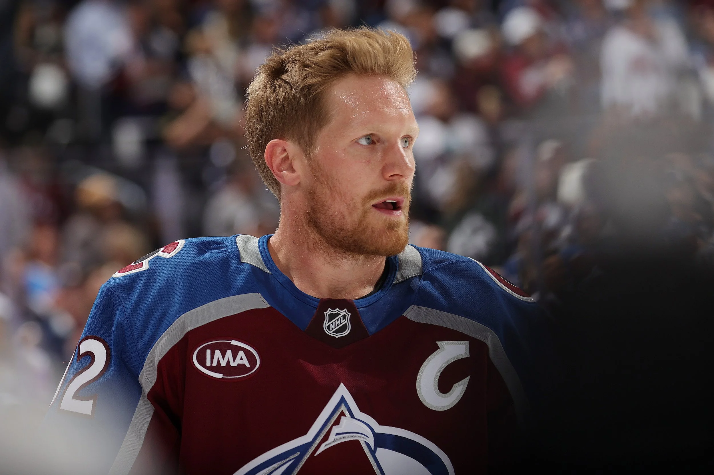 Gabe Landeskog on ice during his 2025 playoff return