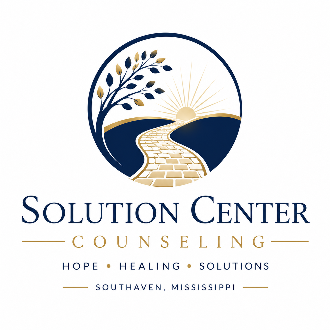 Logo for Solution Center Counseling, featuring a circular emblem with a sun rising over hills and a winding stone path, with text 'Solution Center Counseling' and tagline 'Hope, Healing, Solutions' in blue and gold colors, located in Southaven, Mississippi.