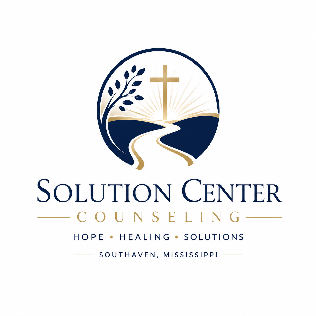 A logo for Solution Center Counseling featuring a cross, pathway, and tree with rays of light, with text 'Solution Center Counseling' and the tagline 'Hope Healing Solutions' located beneath, in Southaven, Mississippi.
