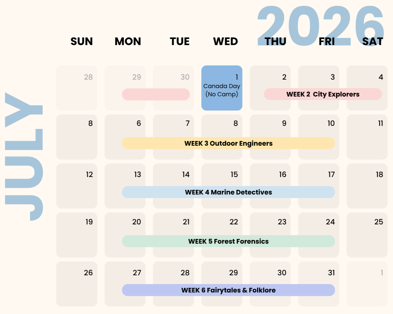 Calendar for July 2026 showing weekly themes and important dates, including Canada Day on July 1, and week labels for outdoor engineers, marine detectives, forest forensics, and fairytales & folklore.