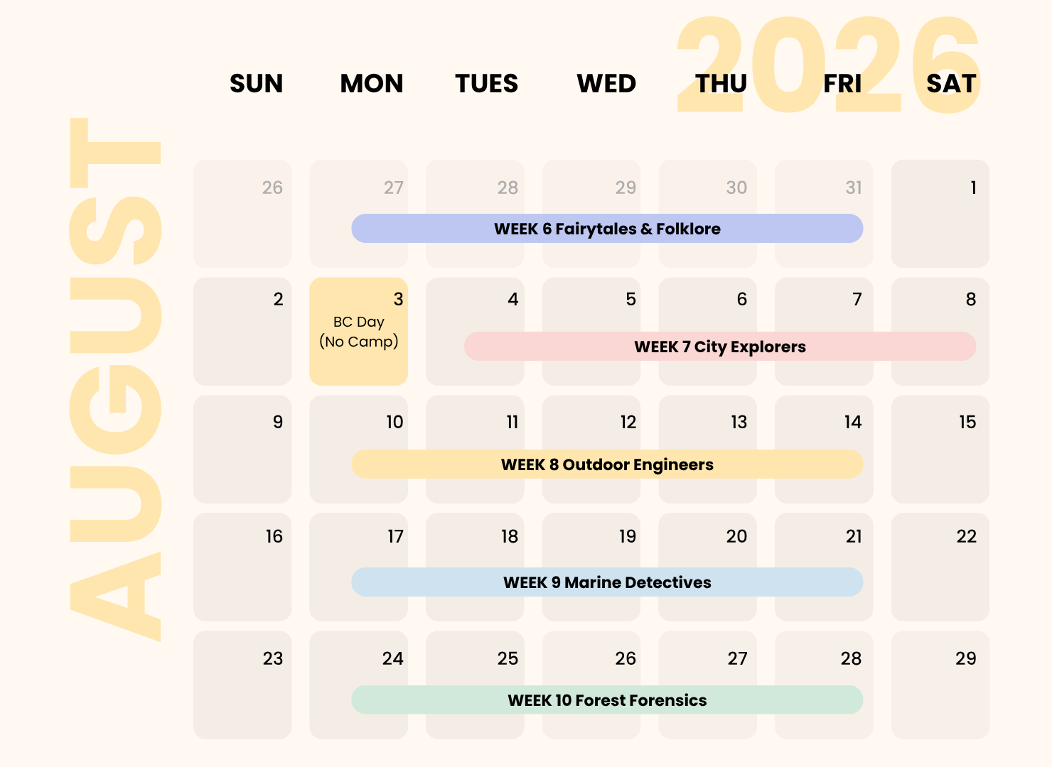 April 2023 calendar with weekly events highlighted: Week 6 Fairy Tales & Folklore from March 27 to March 31; Week 7 City Explorers from April 3 to April 7; Week 8 Outdoor Engineers from April 10 to April 14; Week 9 Marine Detectives from April 17 to 