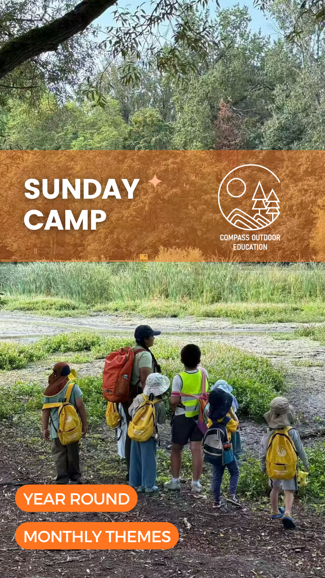 A small group of children in yellow Compass backpacks and a staff member exploring a wetland with tall grasses during Compass Outdoor Education Sunday Camp in Vancouver.