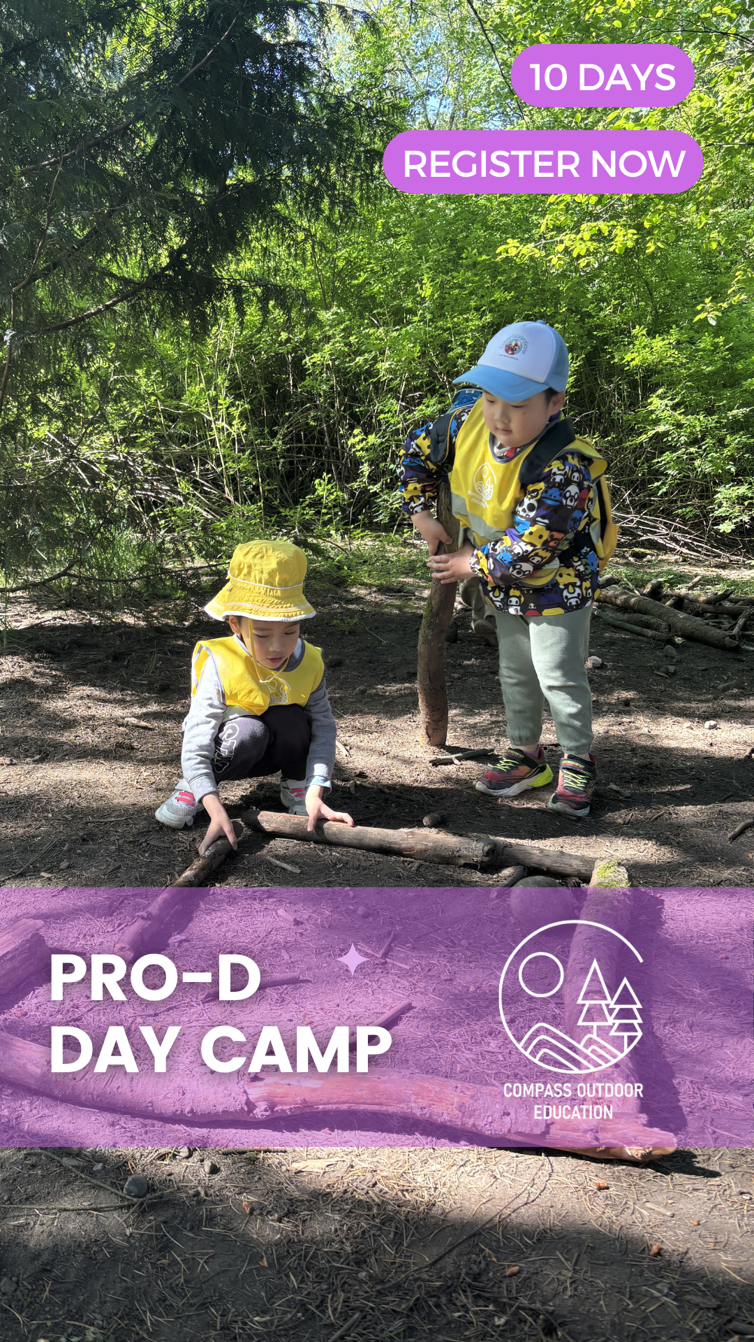 Two children in yellow safety vests building a structure with logs and sticks in a forest at Compass Outdoor Education Pro-D Day Camp in Vancouver.