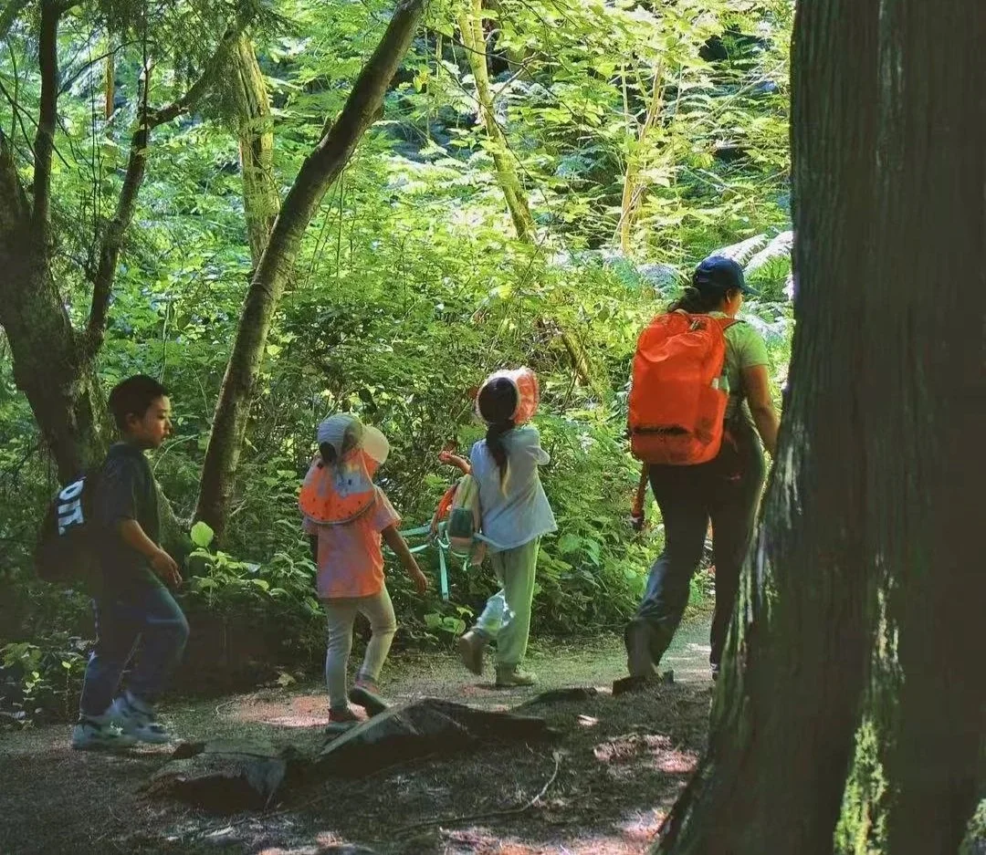 A group of five people, including children and an adult, hiking through a lush green forest trail.