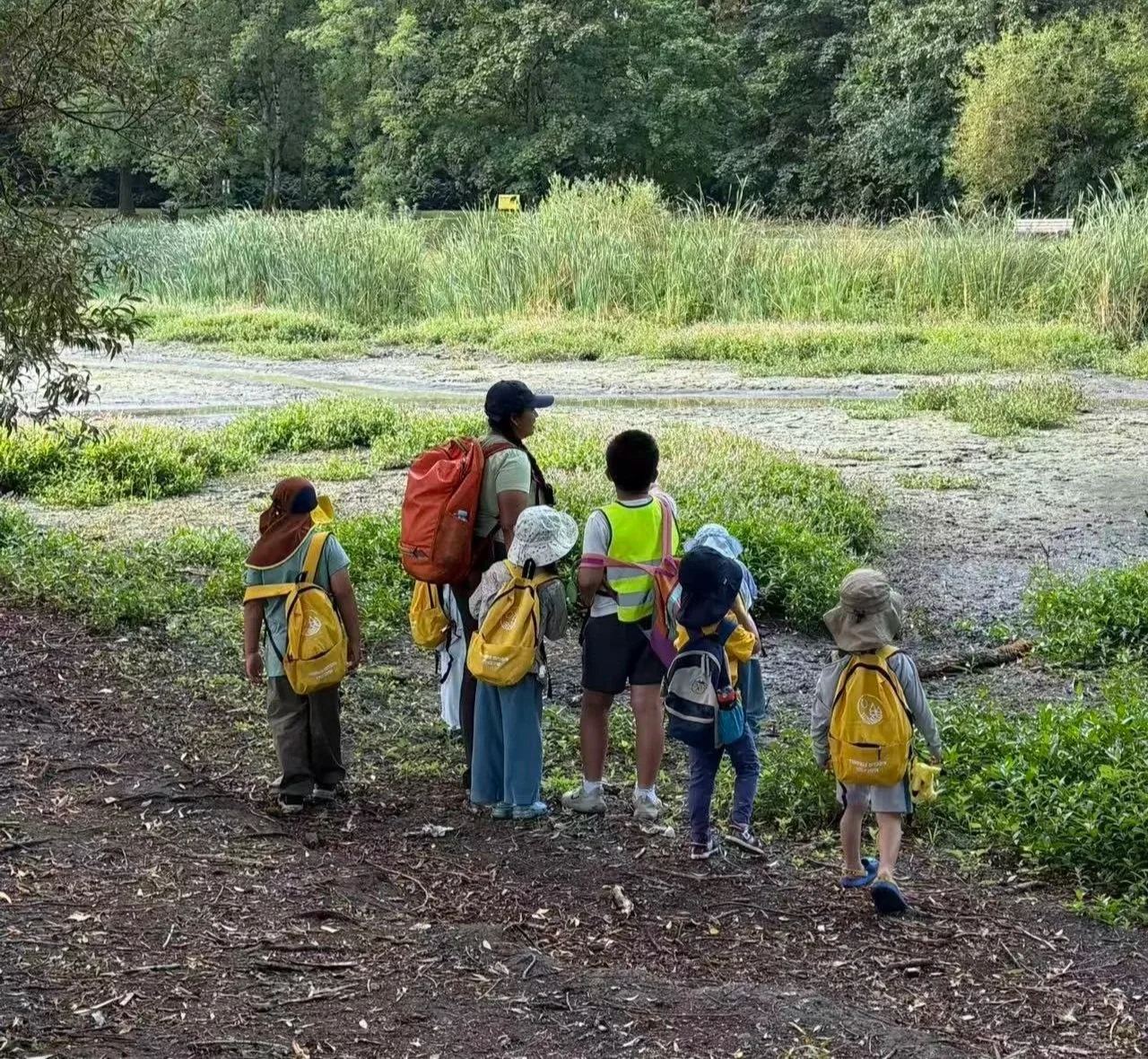 Group of children and an adult hiking by a pond in a forested area, all wearing backpacks and hats.