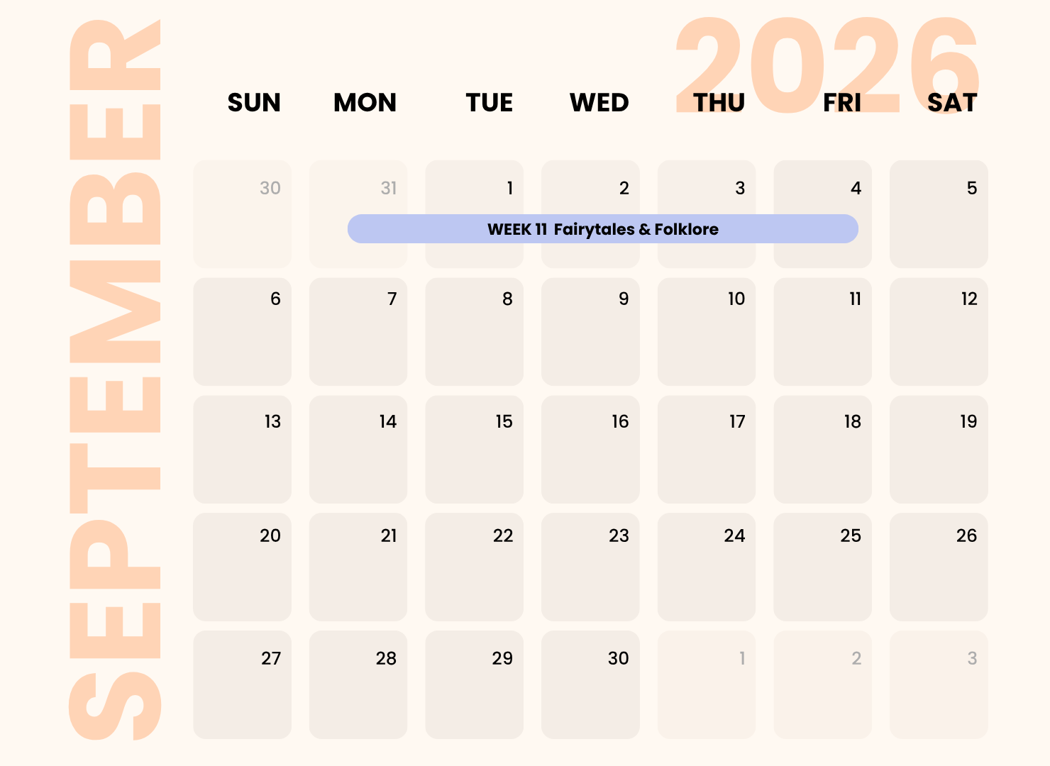 September 2026 calendar with week 11 marked for fairytales and folklore, starting on September 1st and ending on September 30th.