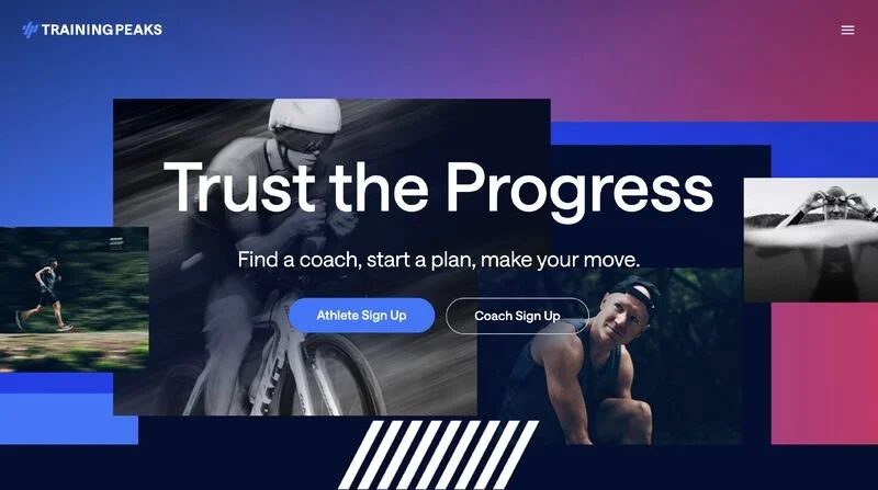 Website homepage for Training Peaks with the slogan 'Trust the Progress' and options to sign up as an athlete or coach. The background features images of athletes, including a cyclist and a runner, set against a gradient blue and pink background.