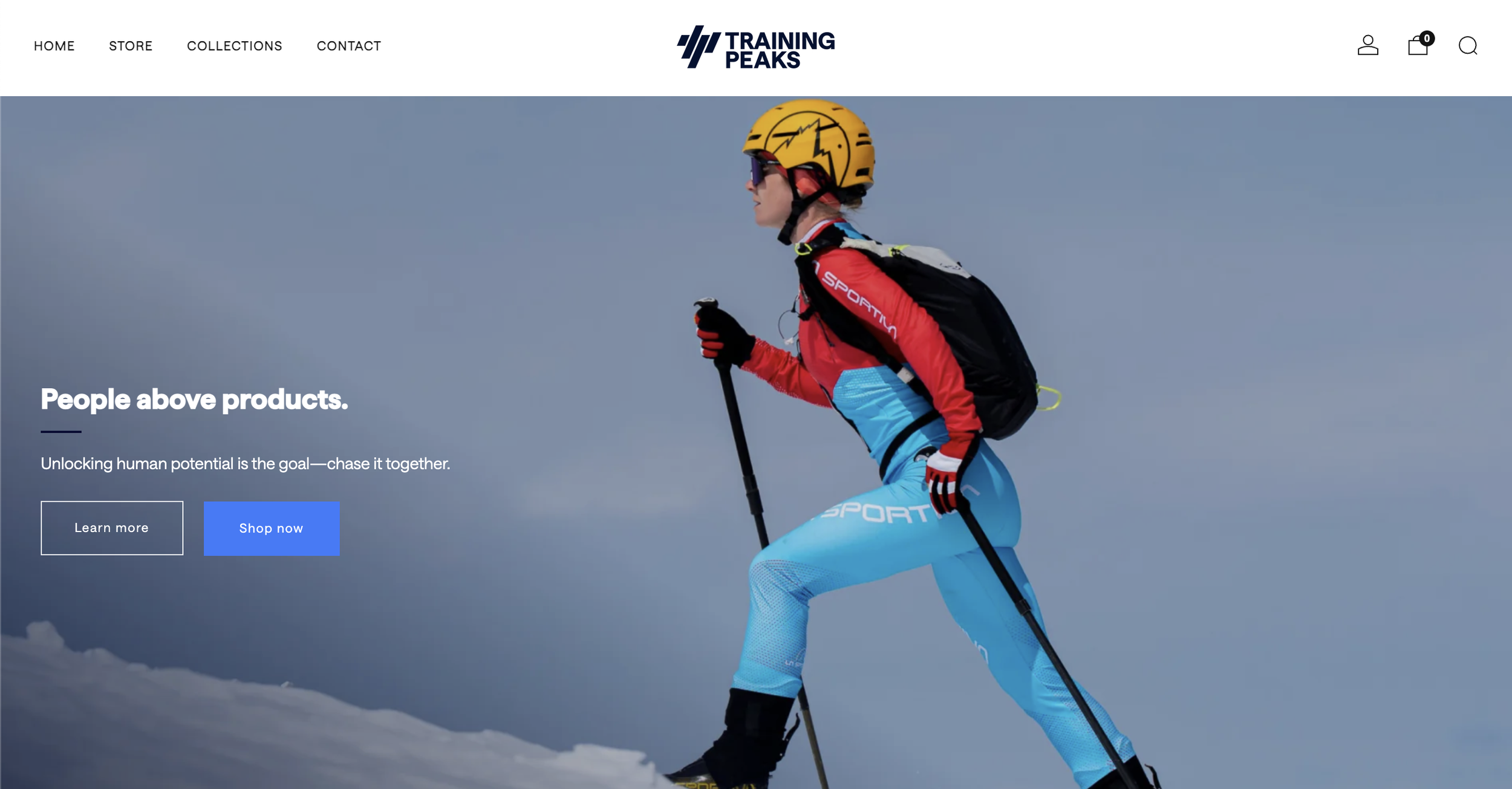 A person in athletic gear, including a yellow helmet, sunglasses, red jacket, and blue pants, is cross-country skiing on snow with a clear sky background.