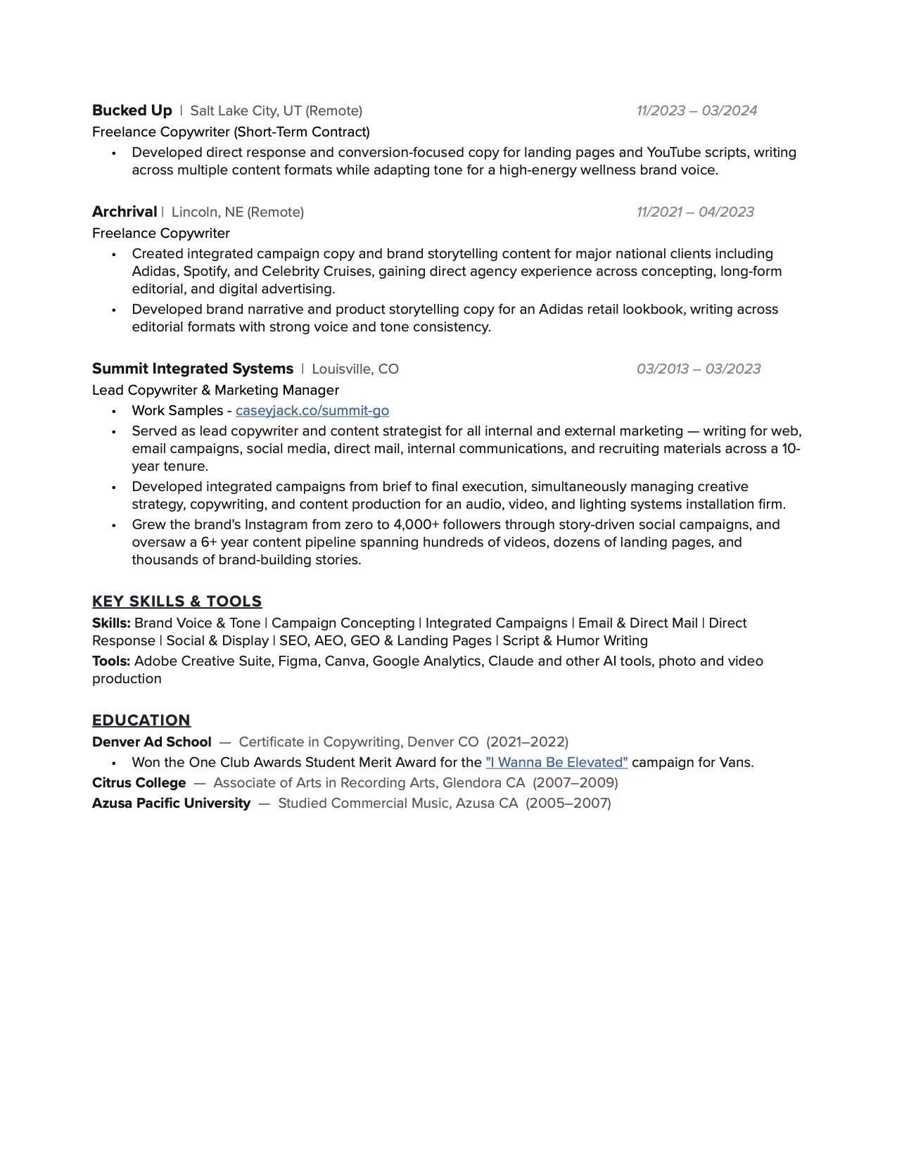 A resume document of Casey Jack Serrano featuring work experience in copywriting, marketing, and content creation, along with educational background from various colleges and universities.